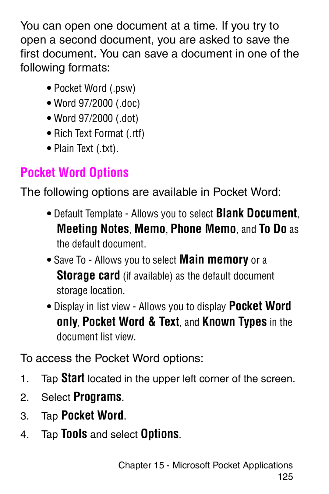 Samsung SCH-i700 Series manual Pocket Word Options, Following options are available in Pocket Word 