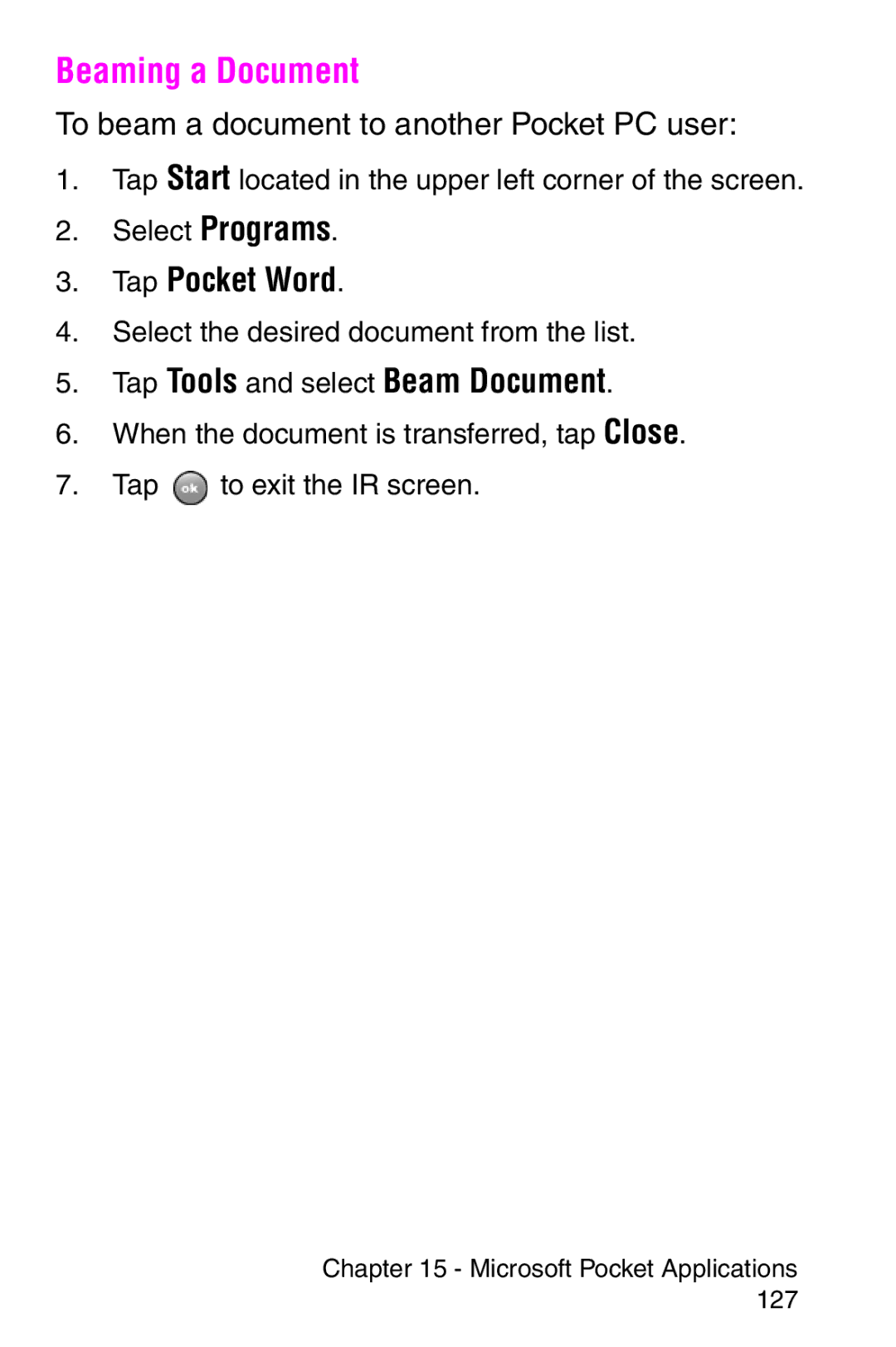 Samsung SCH-i700 Series manual Beaming a Document, Tap Tools and select Beam Document 