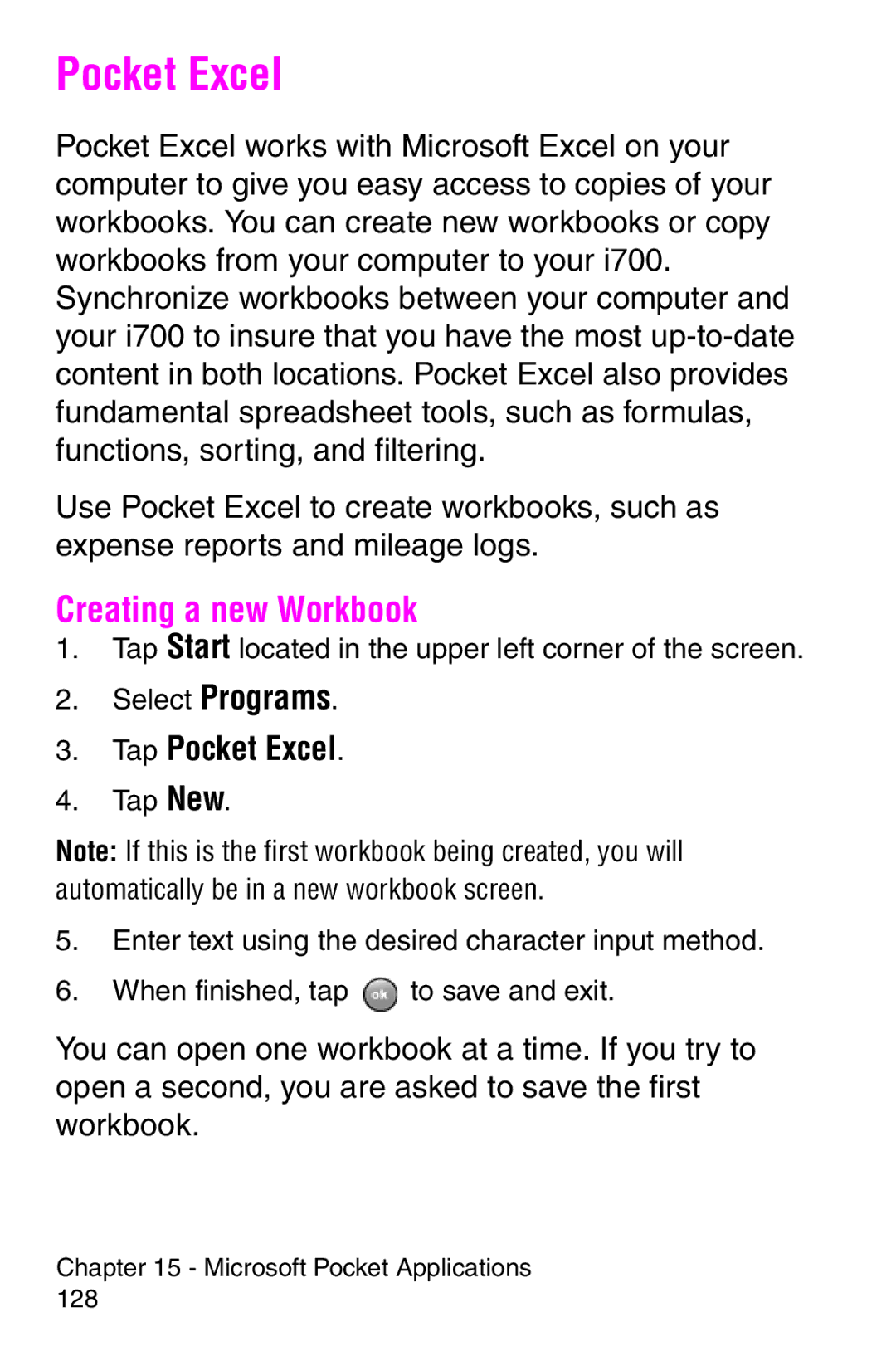 Samsung SCH-i700 Series manual Creating a new Workbook, Tap Pocket Excel 