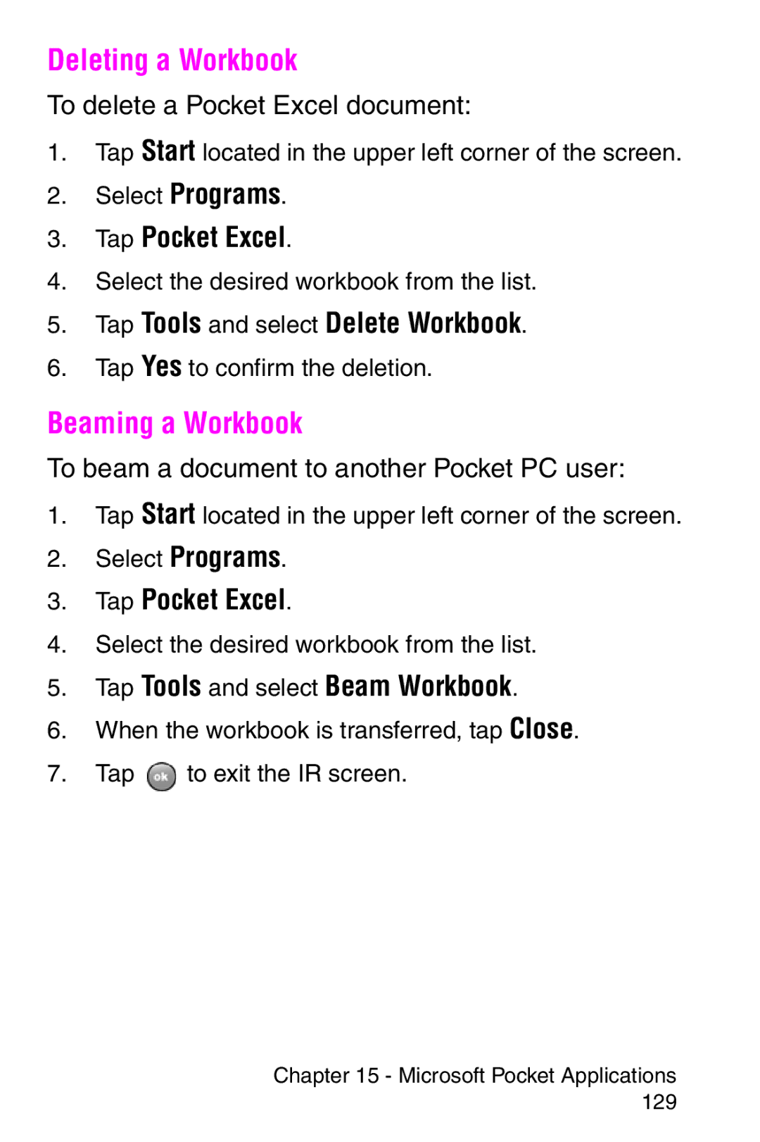 Samsung SCH-i700 Series manual Deleting a Workbook, Beaming a Workbook, Tap Tools and select Delete Workbook 