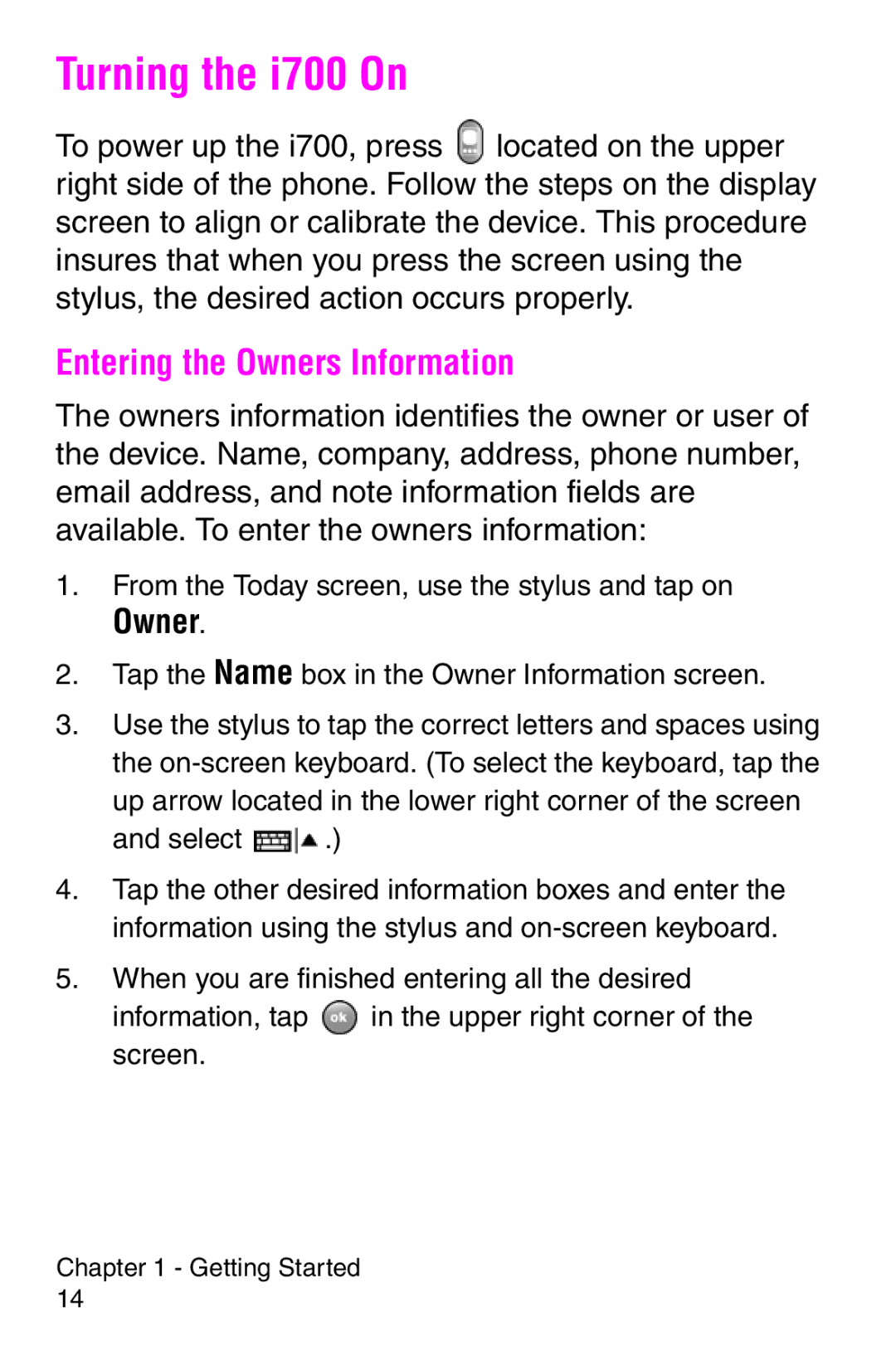 Samsung SCH-i700 Series manual Turning the i700 On, Entering the Owners Information 