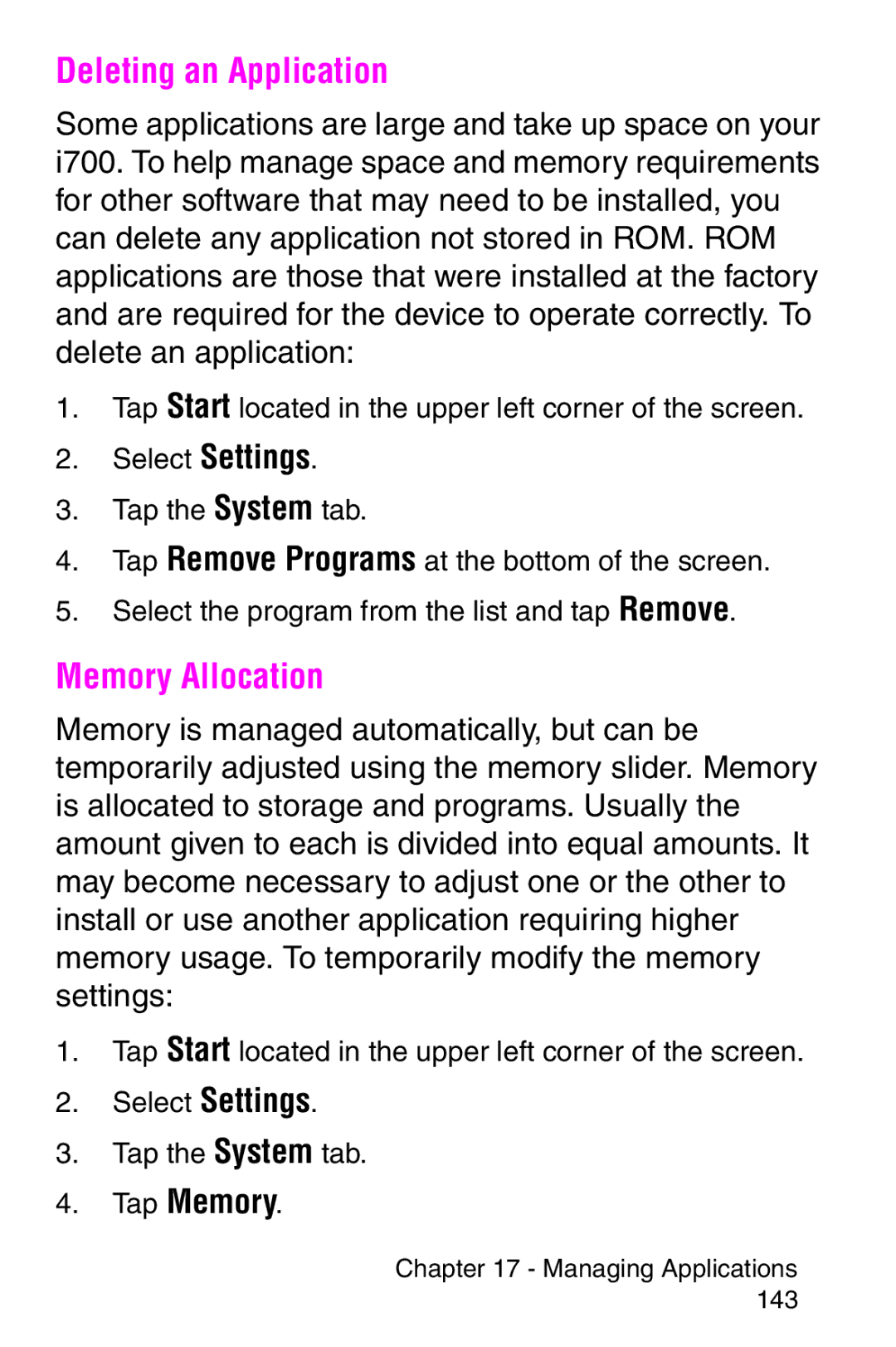 Samsung SCH-i700 Series manual Deleting an Application, Memory Allocation, Tap Memory 