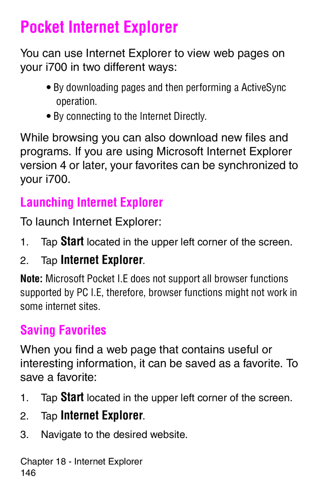 Samsung SCH-i700 Series Pocket Internet Explorer, Launching Internet Explorer, Saving Favorites, Tap Internet Explorer 