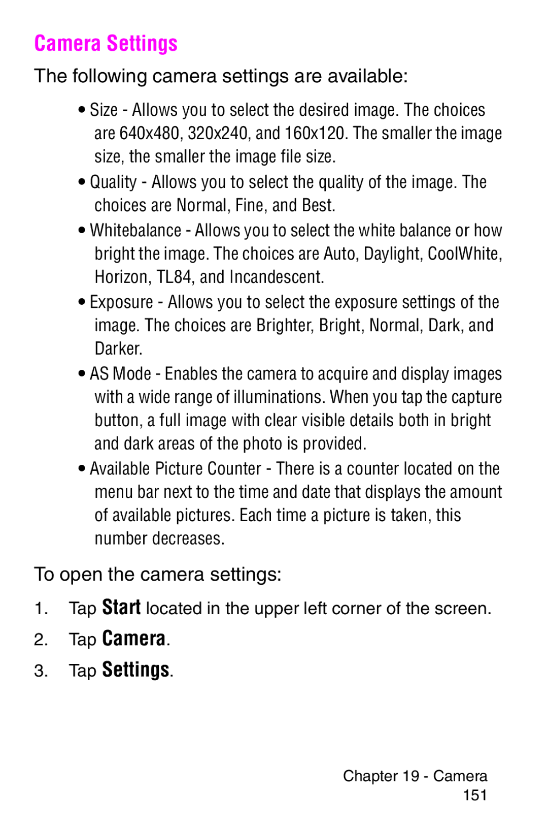 Samsung SCH-i700 Series manual Camera Settings, Tap Camera Tap Settings, Following camera settings are available 