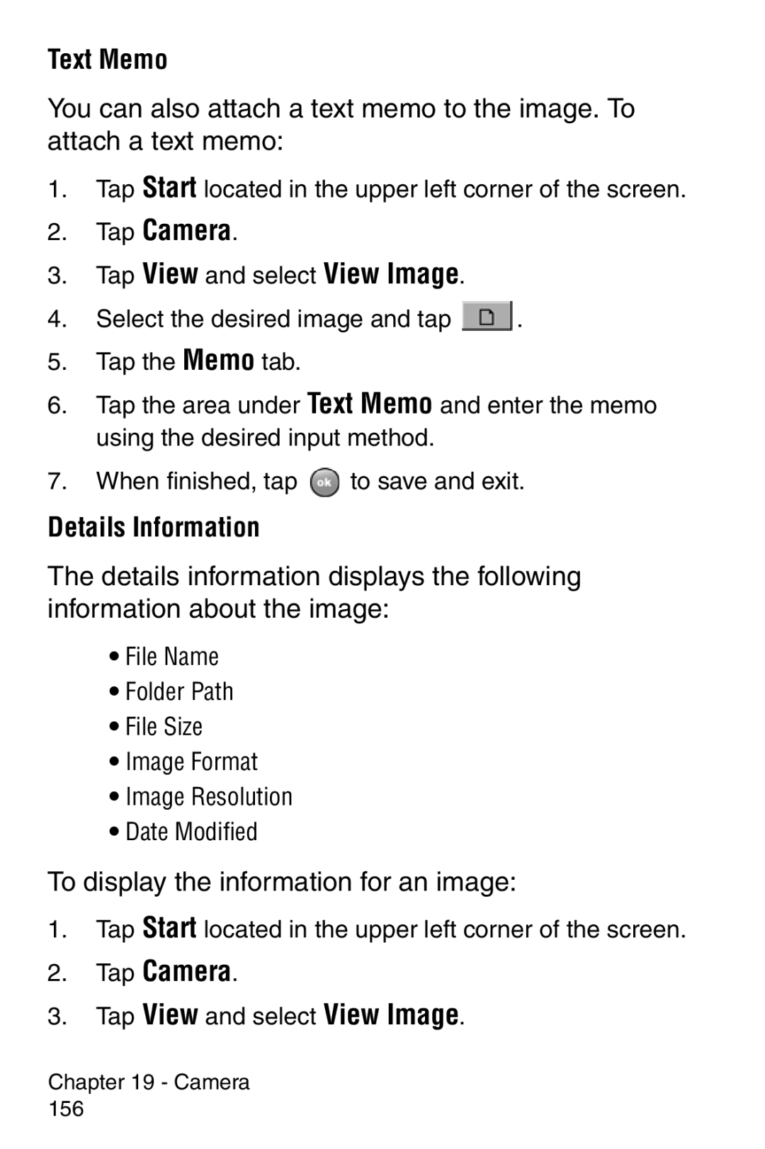 Samsung SCH-i700 Series manual Text Memo, Details Information, To display the information for an image 