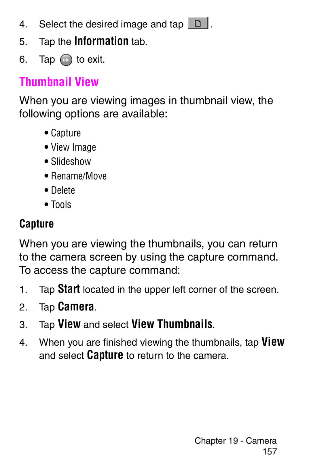 Samsung SCH-i700 Series manual Thumbnail View, Tap Camera Tap View and select View Thumbnails, Capture 