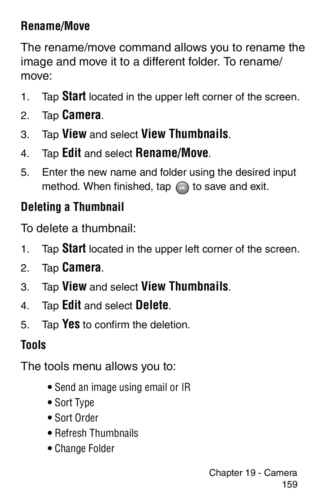 Samsung SCH-i700 Series manual Rename/Move, Deleting a Thumbnail, To delete a thumbnail, Tools menu allows you to 