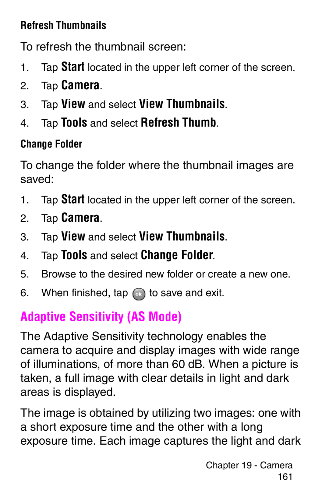 Samsung SCH-i700 Series manual Adaptive Sensitivity AS Mode, To refresh the thumbnail screen 