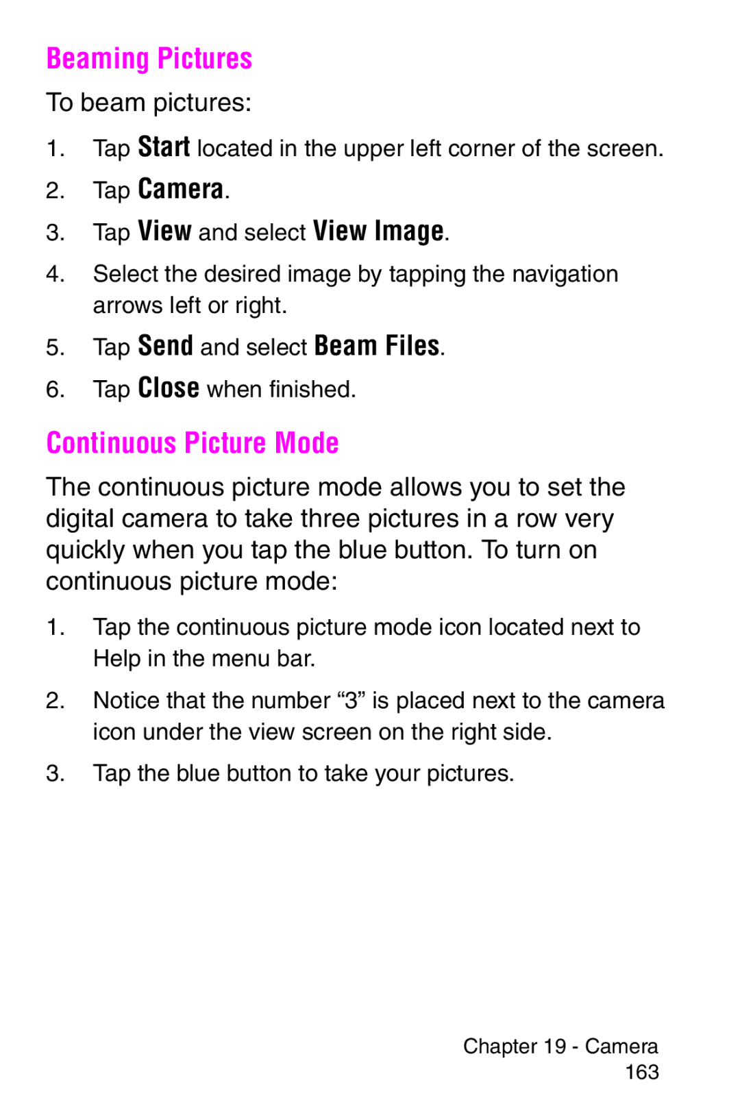 Samsung SCH-i700 Series manual Beaming Pictures, Continuous Picture Mode, To beam pictures 