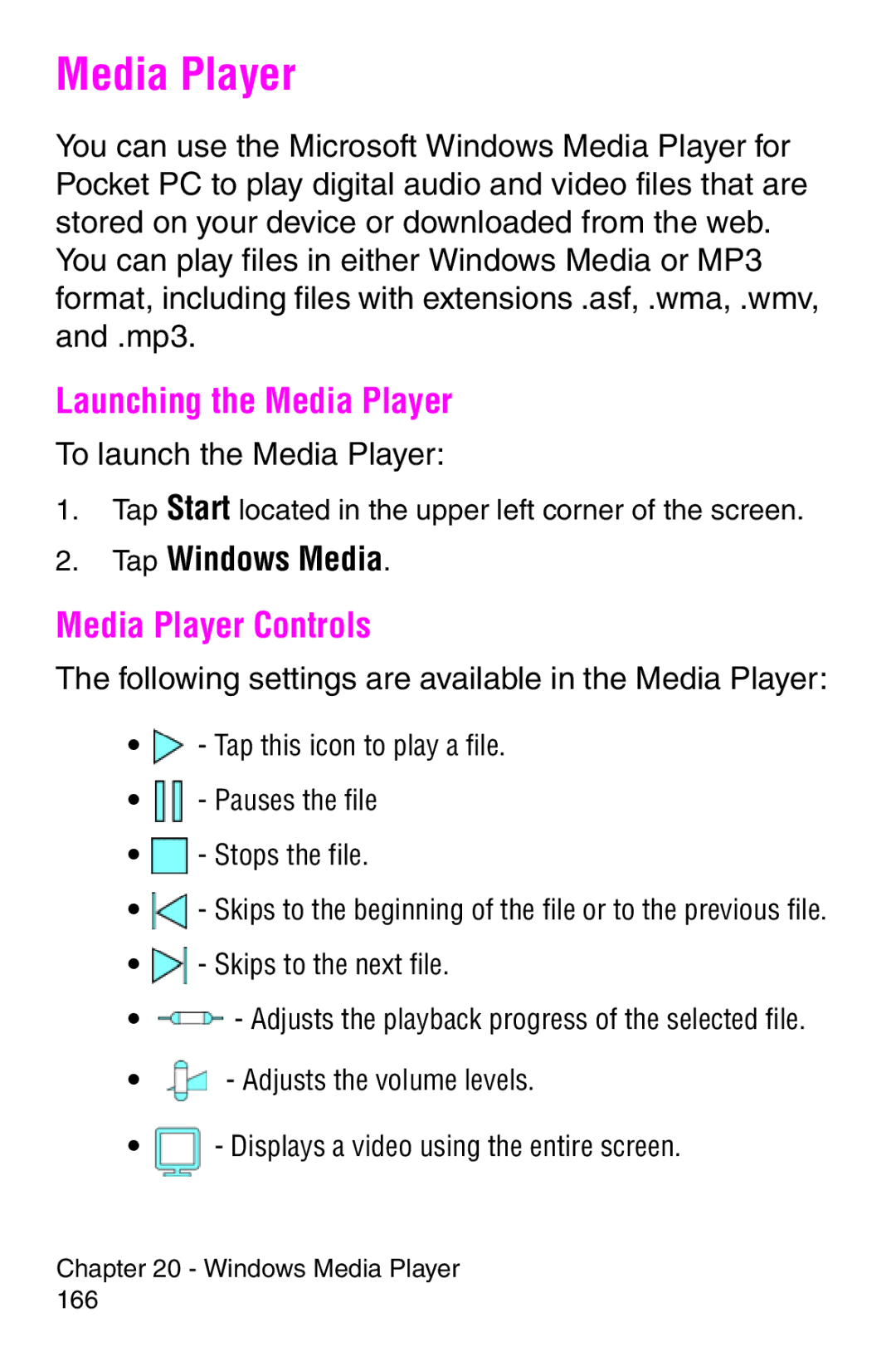 Samsung SCH-i700 Series manual Launching the Media Player, Media Player Controls, Tap Windows Media 