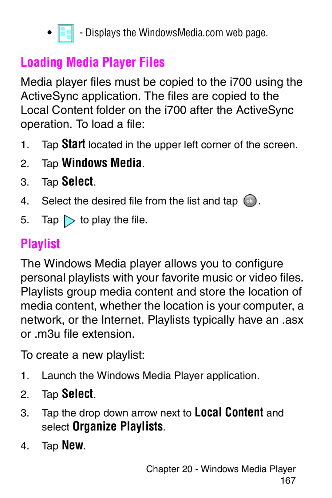 Samsung SCH-i700 Series manual Loading Media Player Files, Playlist, Tap Windows Media Tap Select 