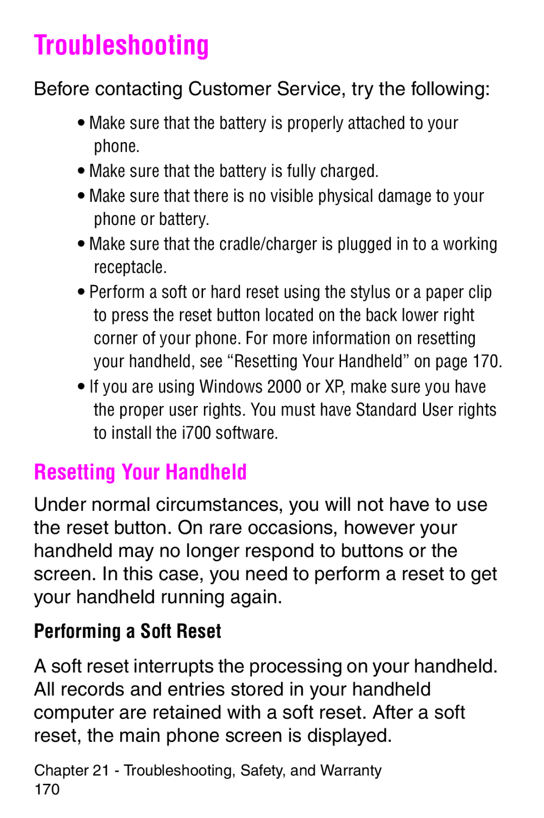 Samsung SCH-i700 Series Troubleshooting, Resetting Your Handheld, Before contacting Customer Service, try the following 