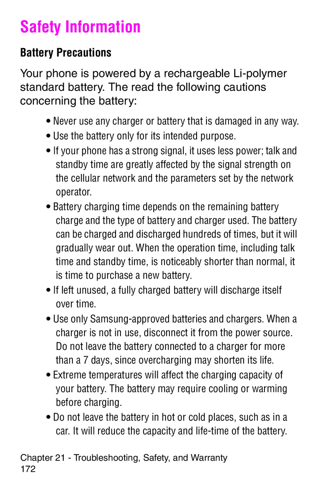 Samsung SCH-i700 Series manual Safety Information, Battery Precautions 