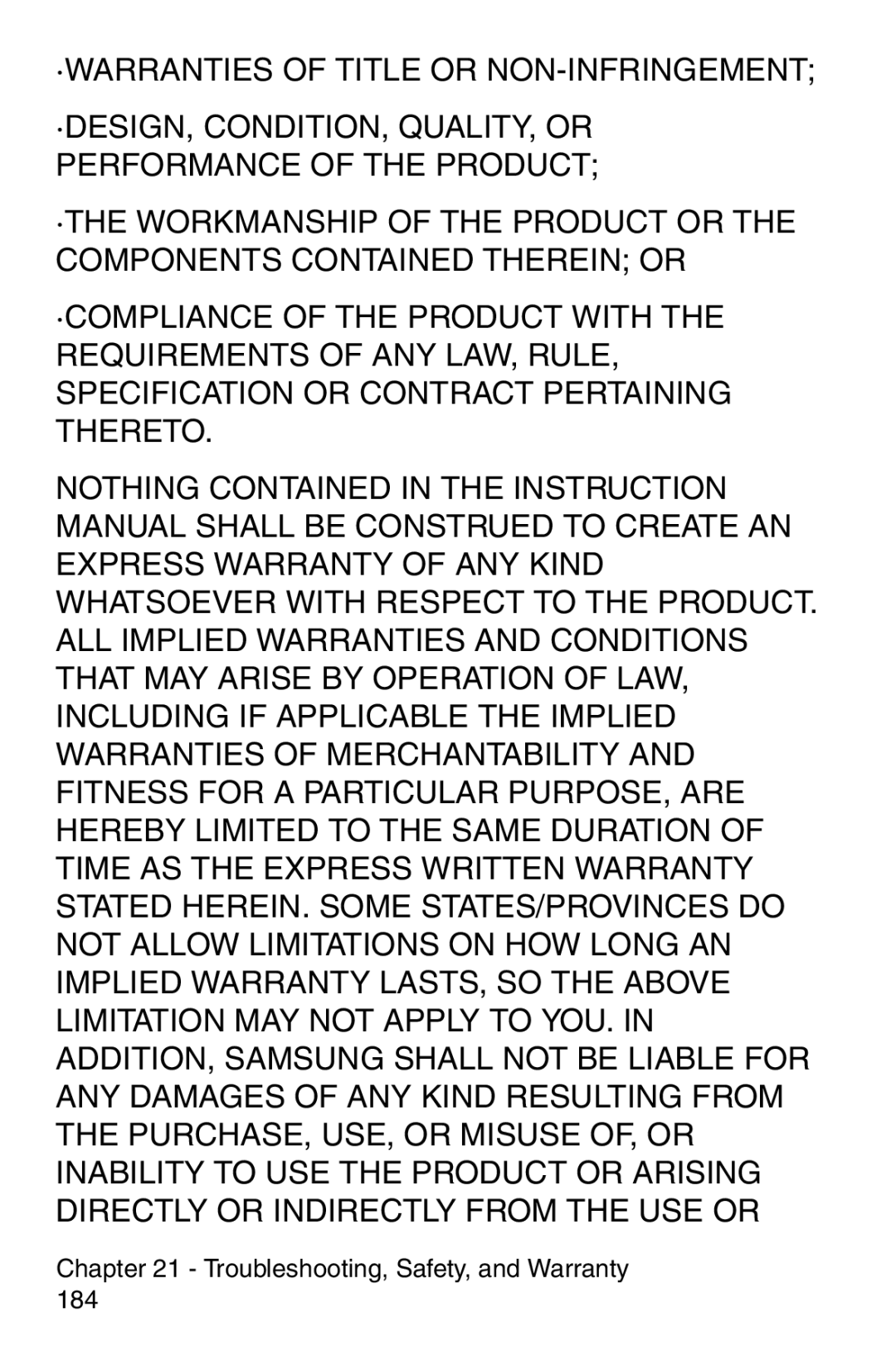 Samsung SCH-i700 Series manual Troubleshooting, Safety, and Warranty 184 