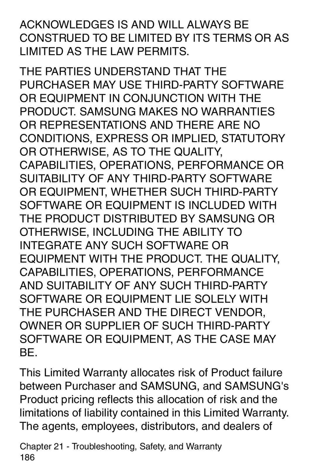 Samsung SCH-i700 Series manual Troubleshooting, Safety, and Warranty 186 