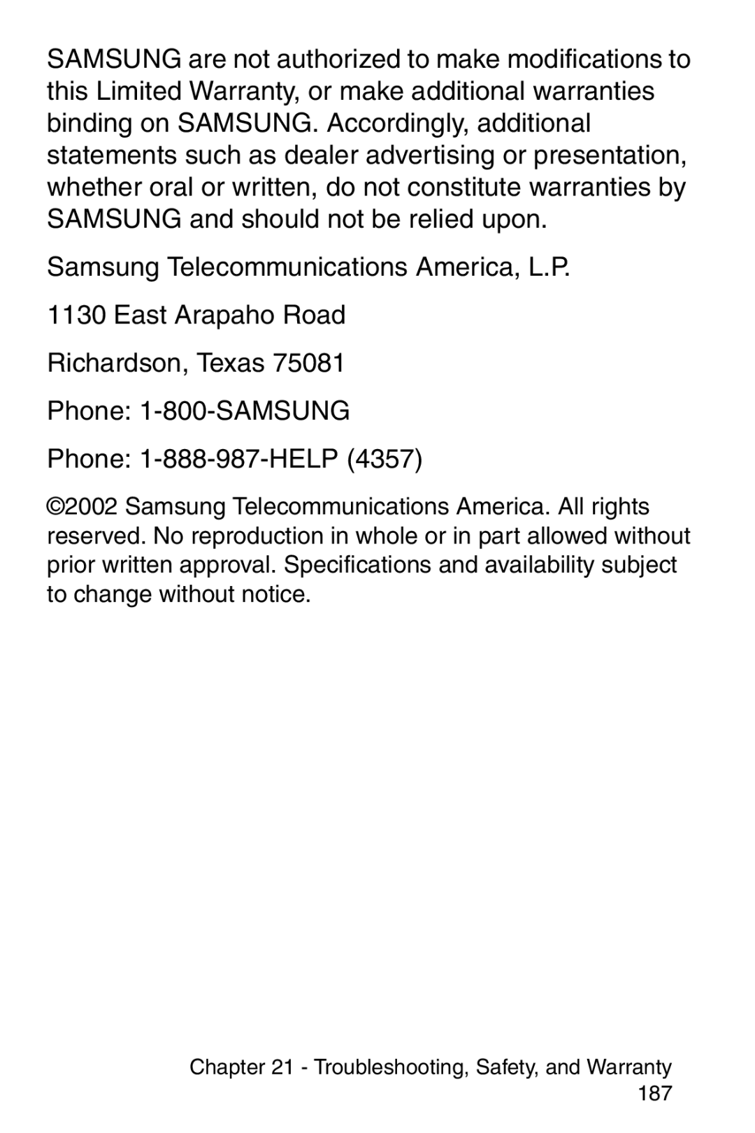 Samsung SCH-i700 Series manual Troubleshooting, Safety, and Warranty 187 