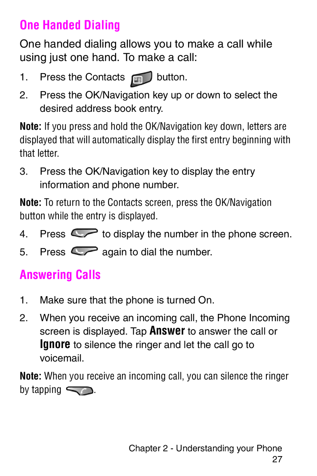 Samsung SCH-i700 Series manual One Handed Dialing, Answering Calls 