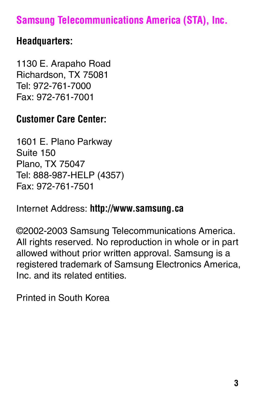 Samsung SCH-i700 Series manual Samsung Telecommunications America STA, Inc, Headquarters, Customer Care Center 