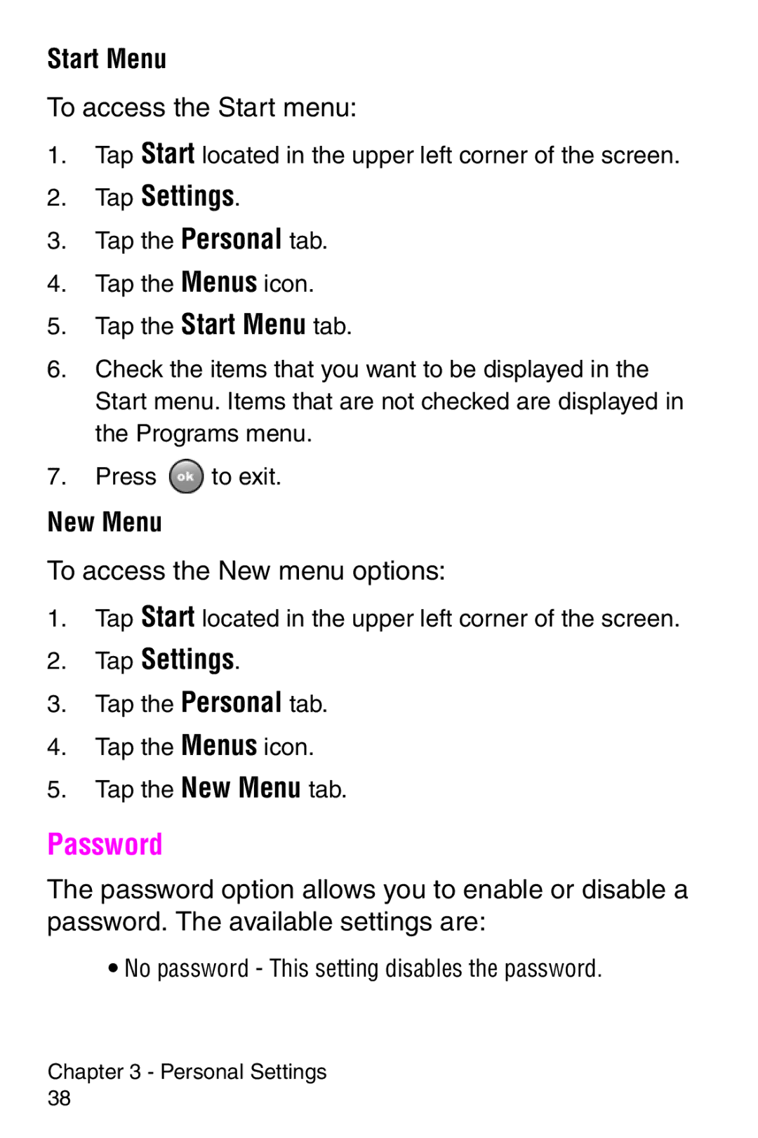 Samsung SCH-i700 Series manual Password, Start Menu, To access the Start menu, New Menu, To access the New menu options 