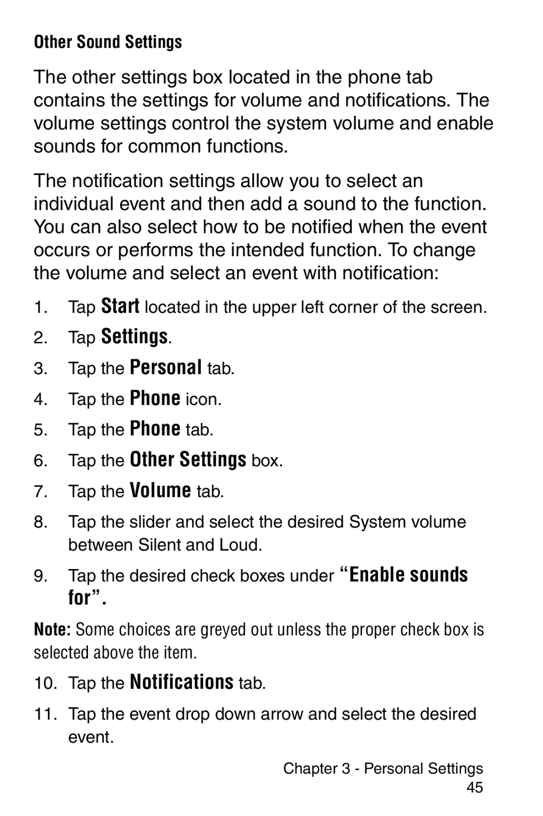 Samsung SCH-i700 Series manual Tap the Other Settings box, For Tap the Notifications tab 