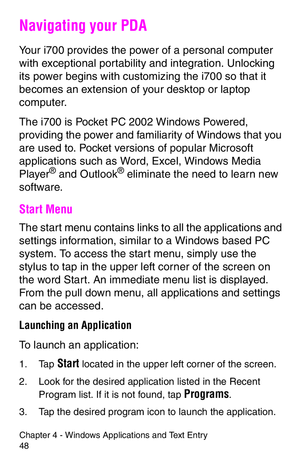 Samsung SCH-i700 Series manual Navigating your PDA, Start Menu, Launching an Application, To launch an application 