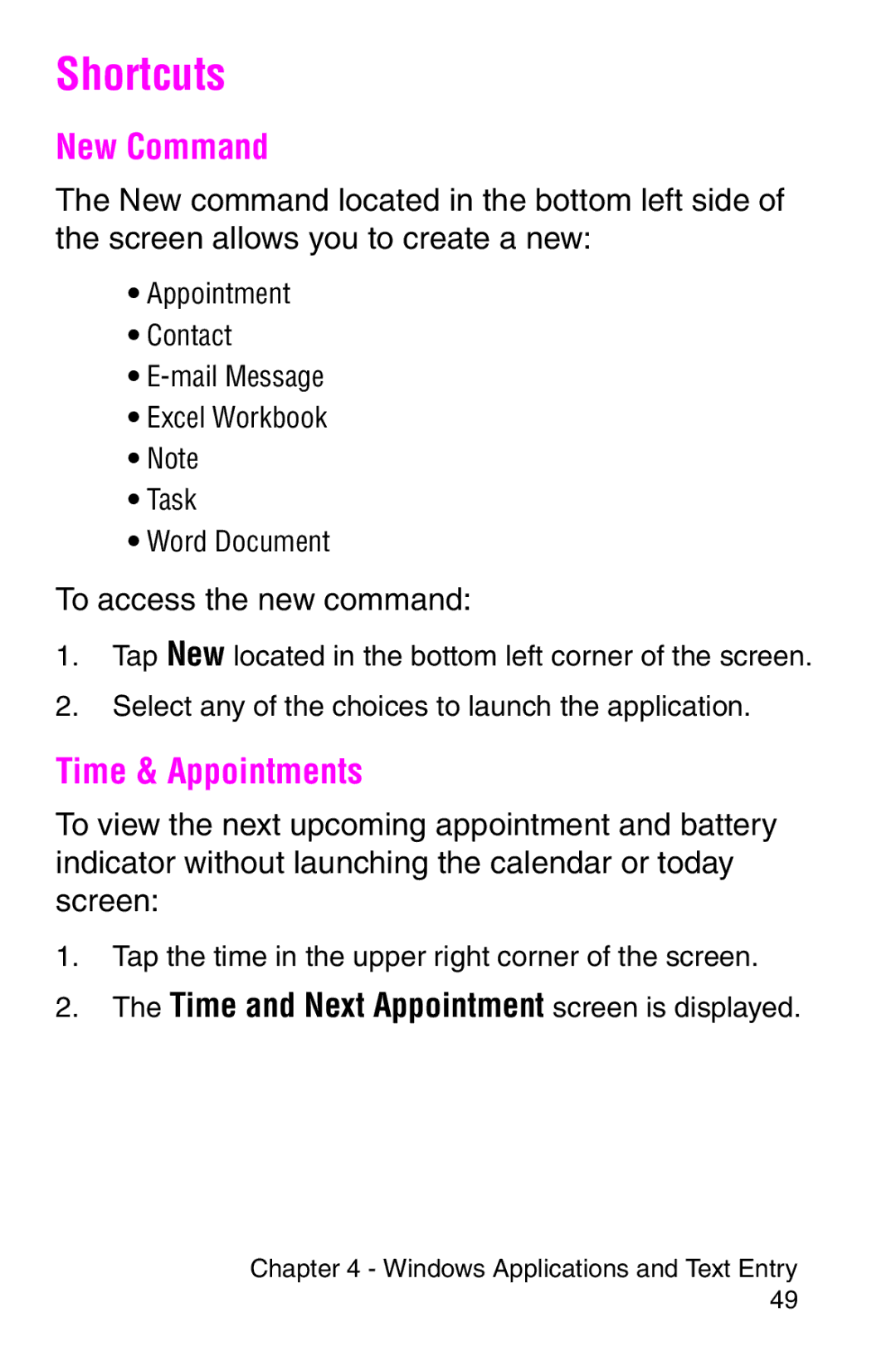 Samsung SCH-i700 Series manual Shortcuts, New Command, Time & Appointments, Time and Next Appointment screen is displayed 