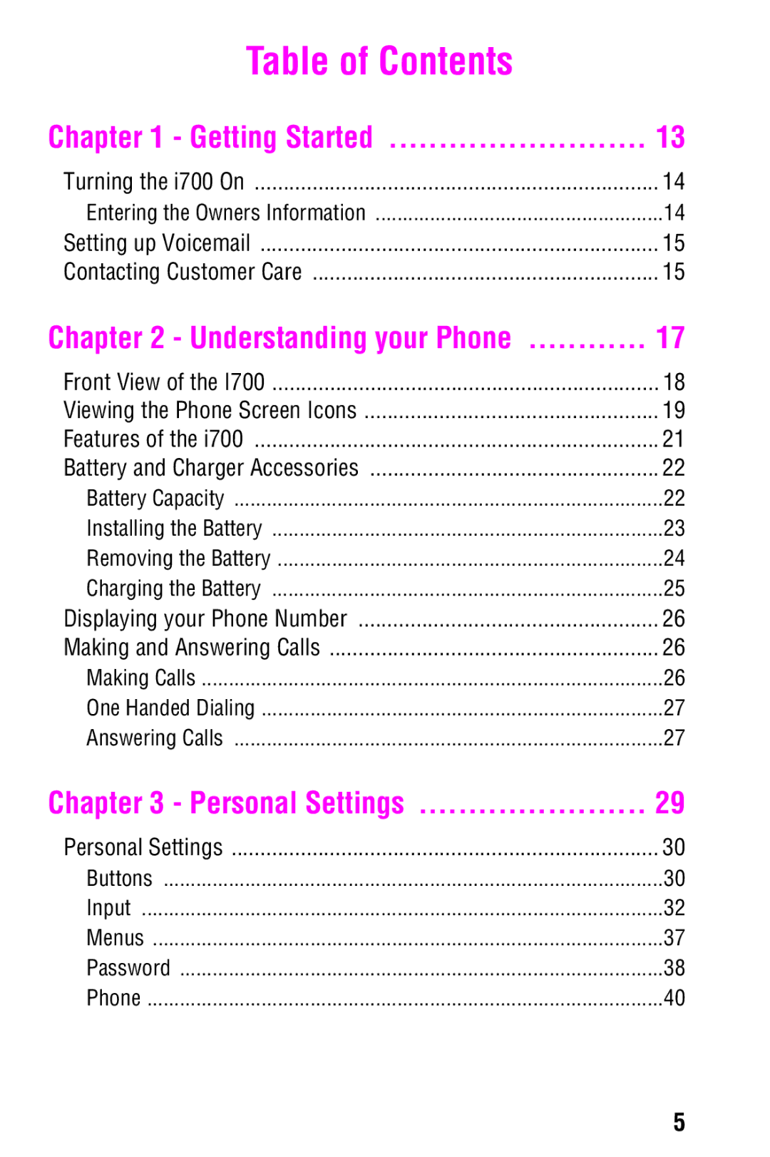 Samsung SCH-i700 Series manual Table of Contents 