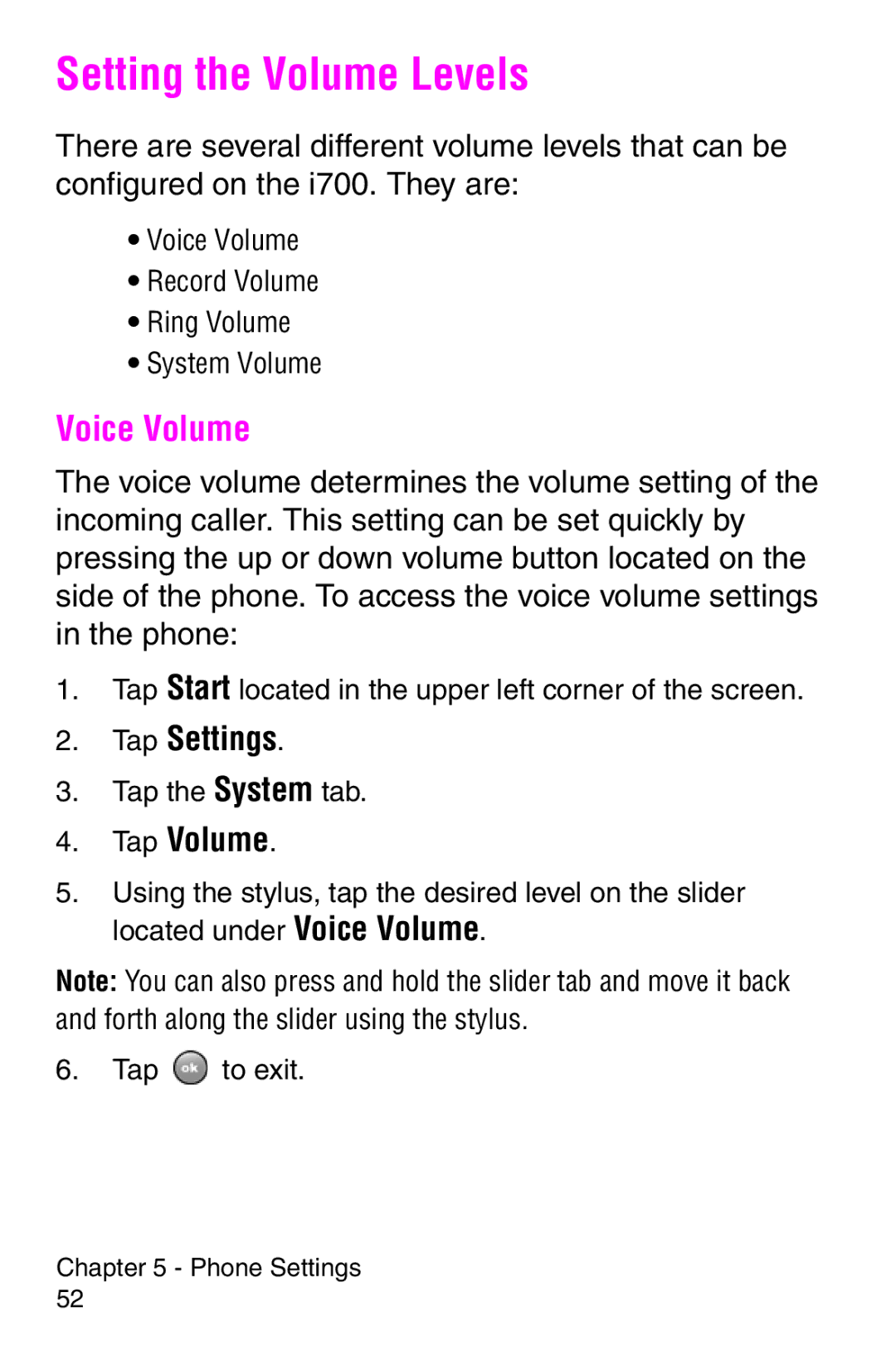 Samsung SCH-i700 Series manual Setting the Volume Levels, Voice Volume, Tap Volume 