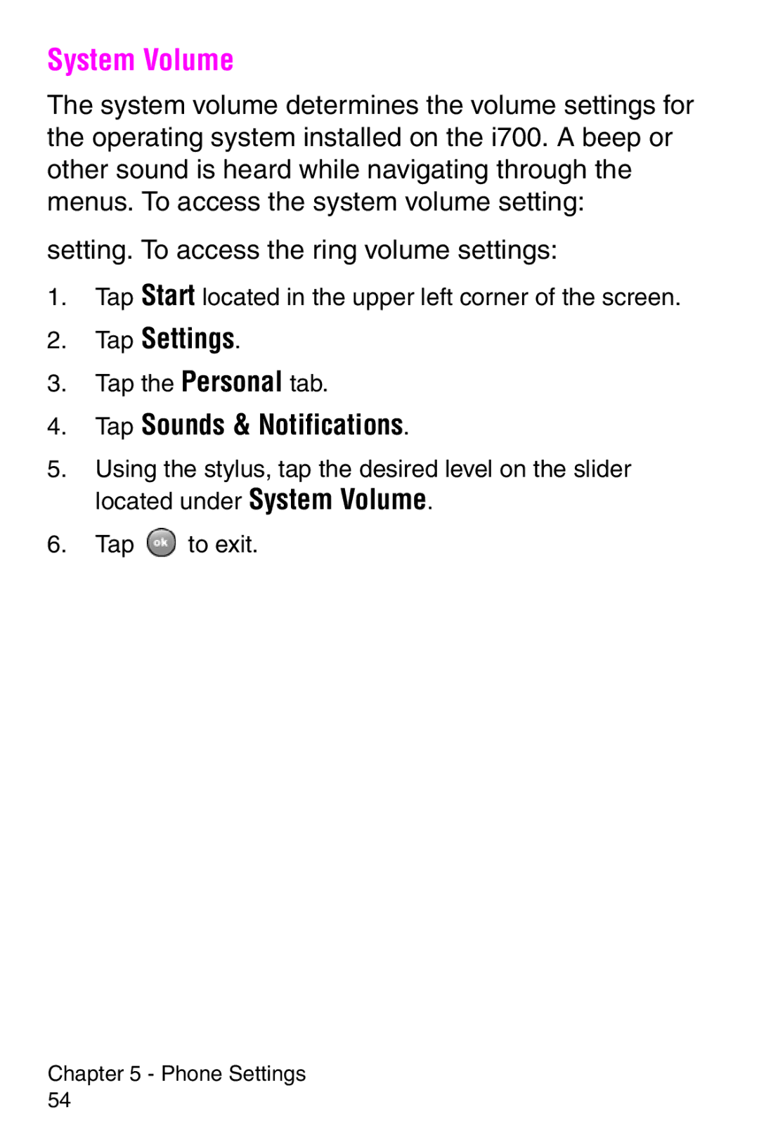 Samsung SCH-i700 Series manual System Volume, Tap Sounds & Notifications 