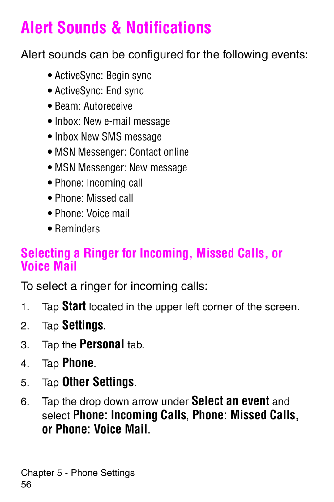 Samsung SCH-i700 Series manual Alert Sounds & Notifications, Tap Other Settings, Or Phone Voice Mail 