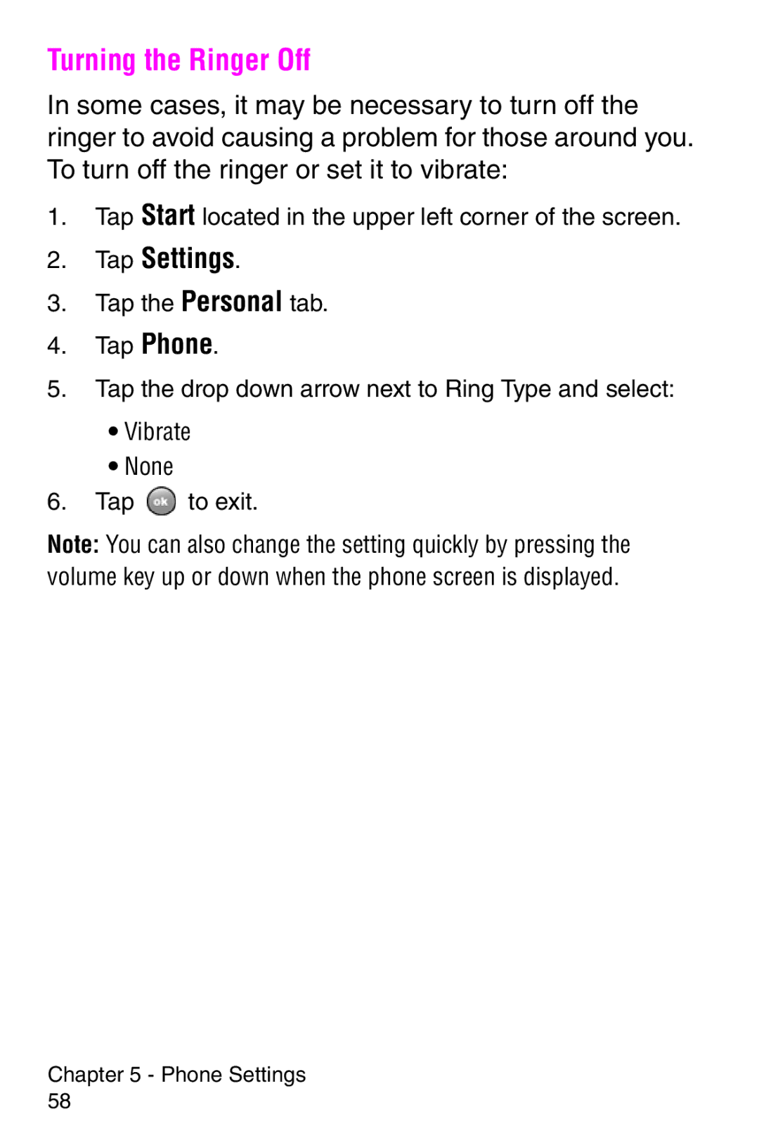 Samsung SCH-i700 Series manual Turning the Ringer Off 