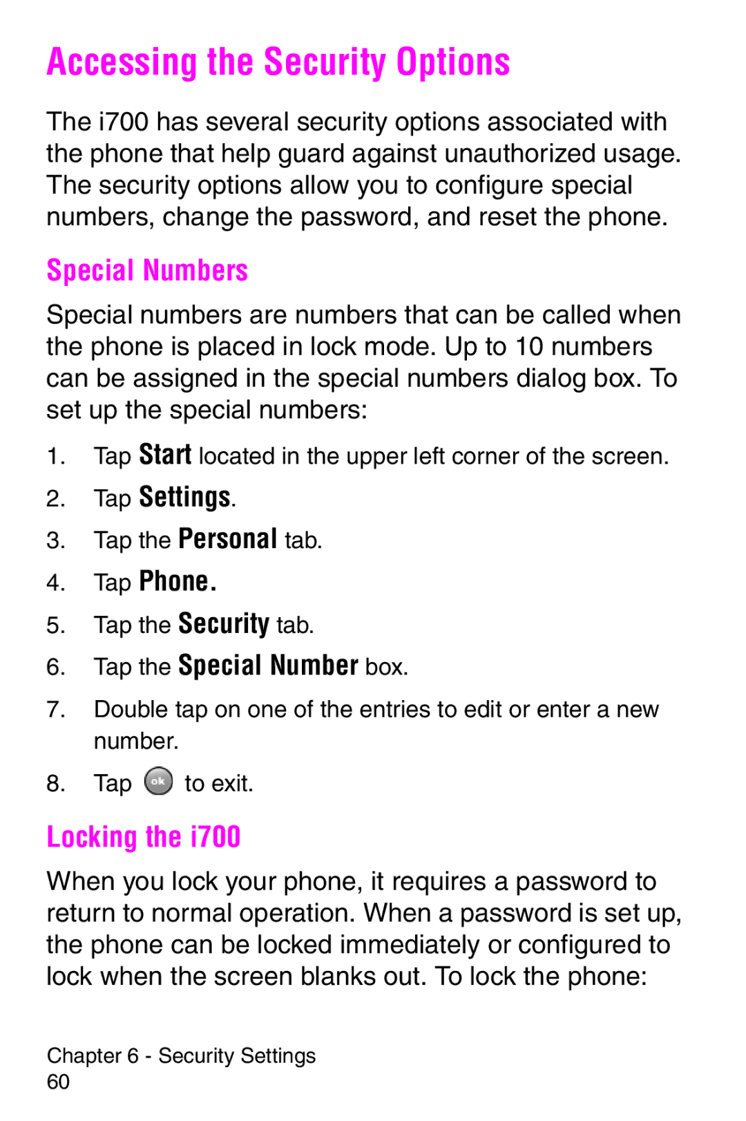 Samsung SCH-i700 Series Accessing the Security Options, Special Numbers, Locking, Tap Phone, Tap the Special Number box 