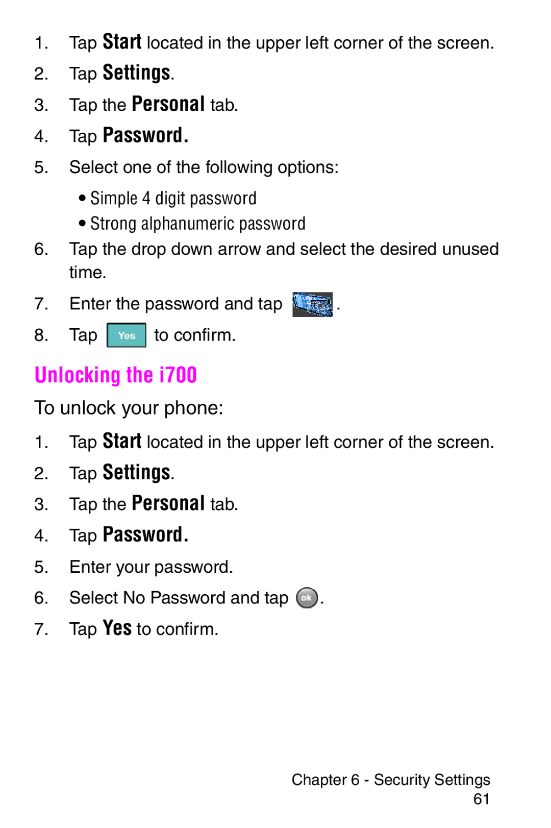 Samsung SCH-i700 Series manual Unlocking, Tap Password, To unlock your phone 