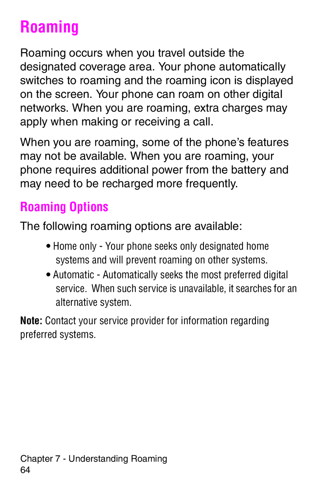 Samsung SCH-i700 Series manual Roaming Options, Following roaming options are available 