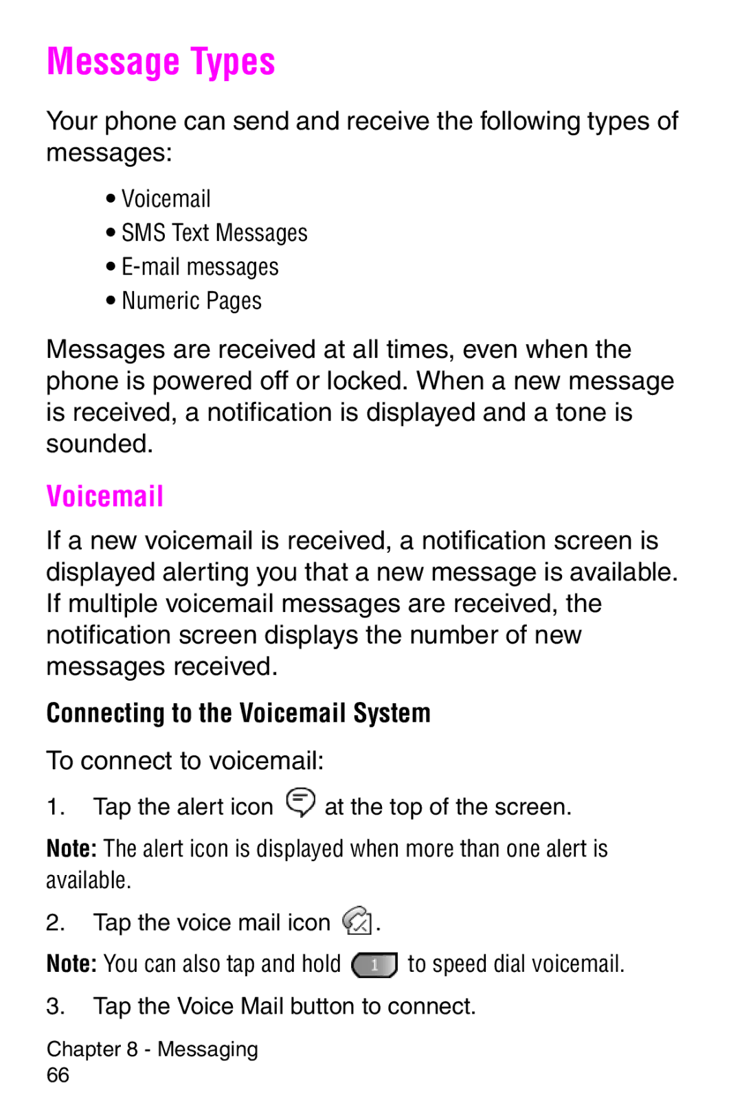 Samsung SCH-i700 Series manual Message Types, Connecting to the Voicemail System, To connect to voicemail 