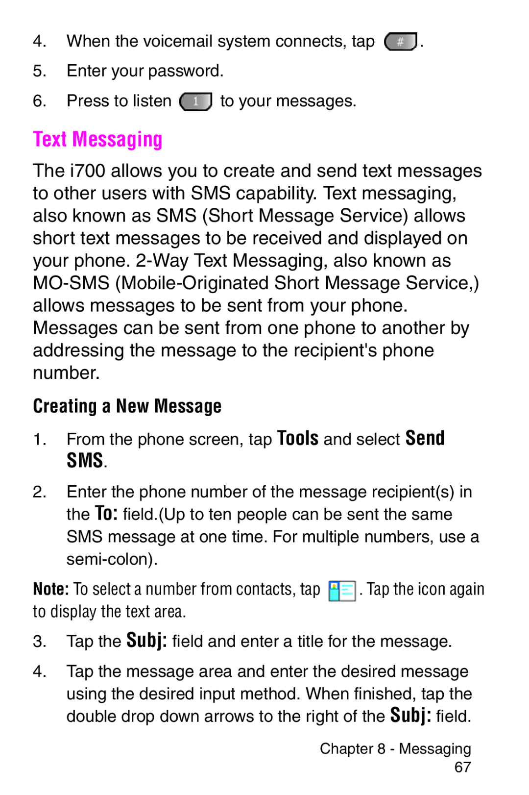 Samsung SCH-i700 Series manual Text Messaging, Creating a New Message 