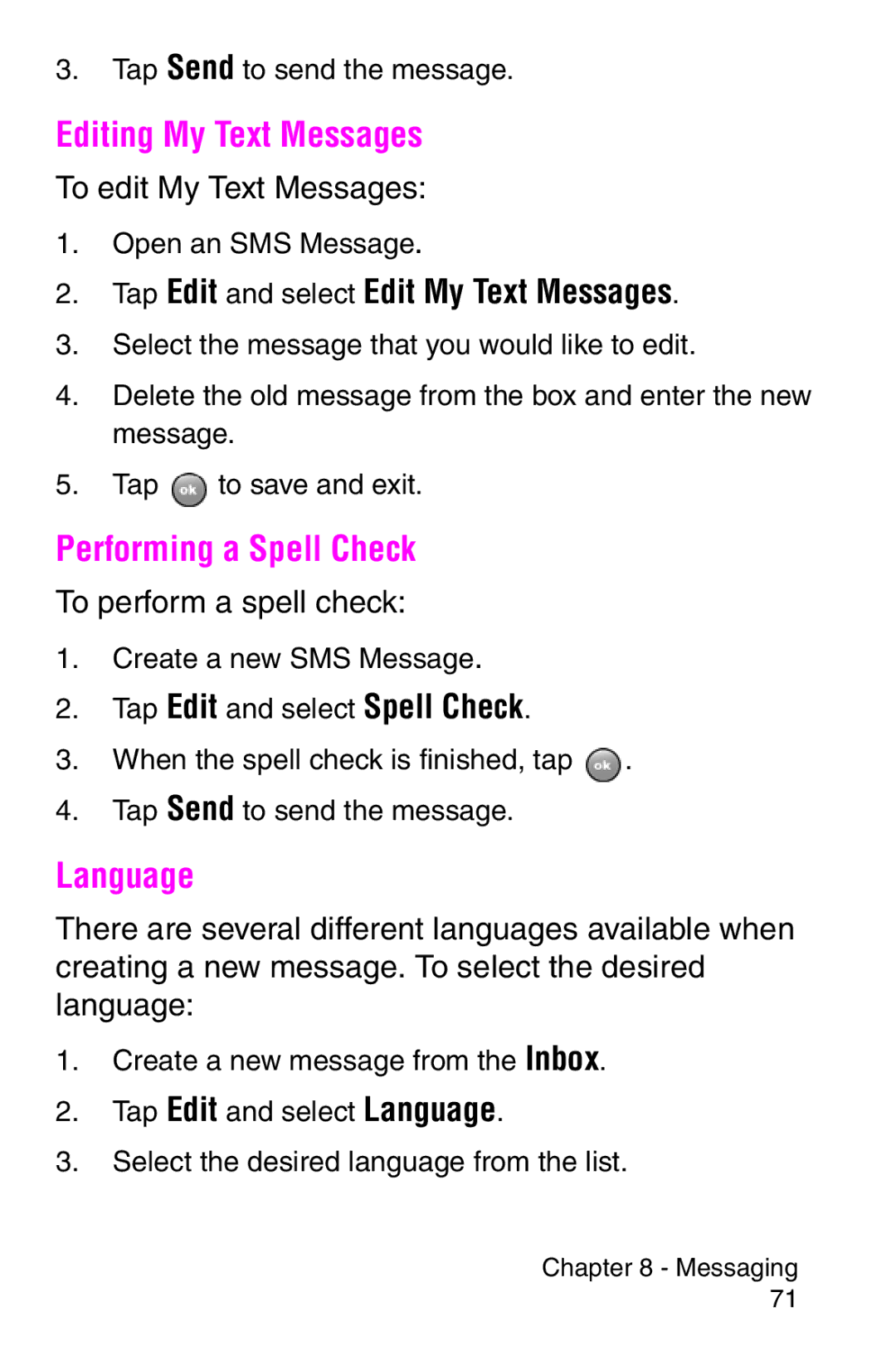 Samsung SCH-i700 Series manual Editing My Text Messages, Performing a Spell Check, Language 