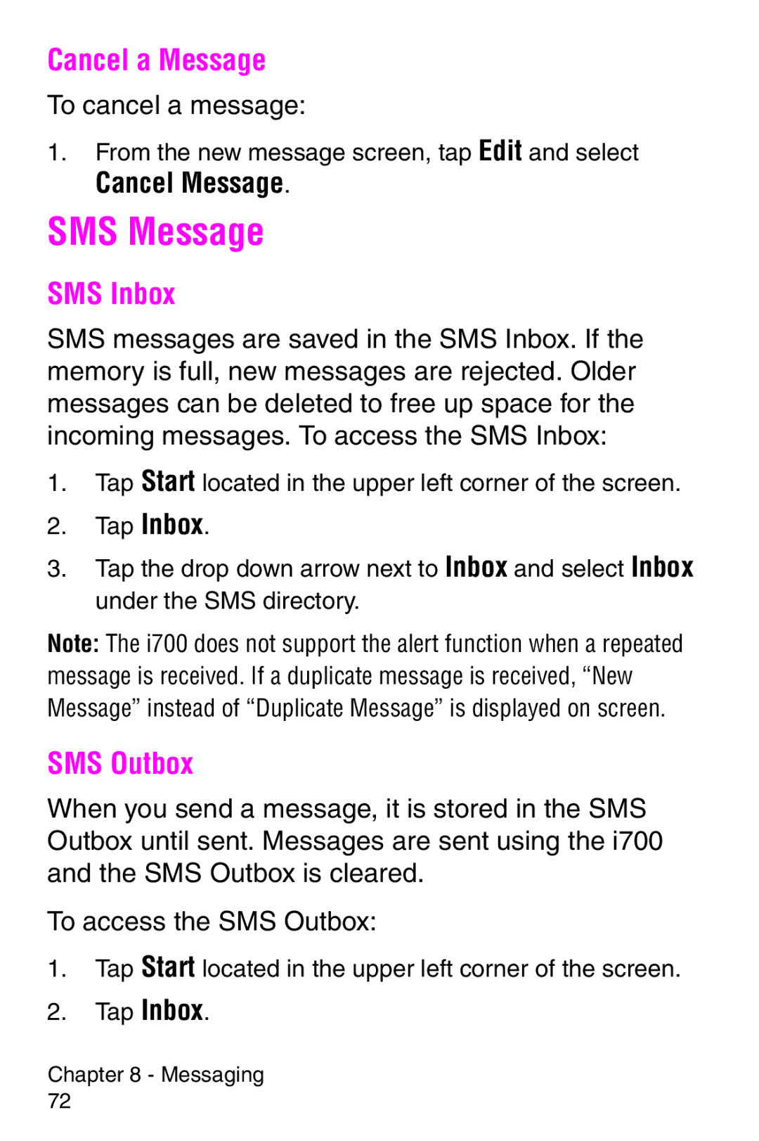 Samsung SCH-i700 Series manual SMS Message, Cancel a Message, SMS Inbox, SMS Outbox, Cancel Message 