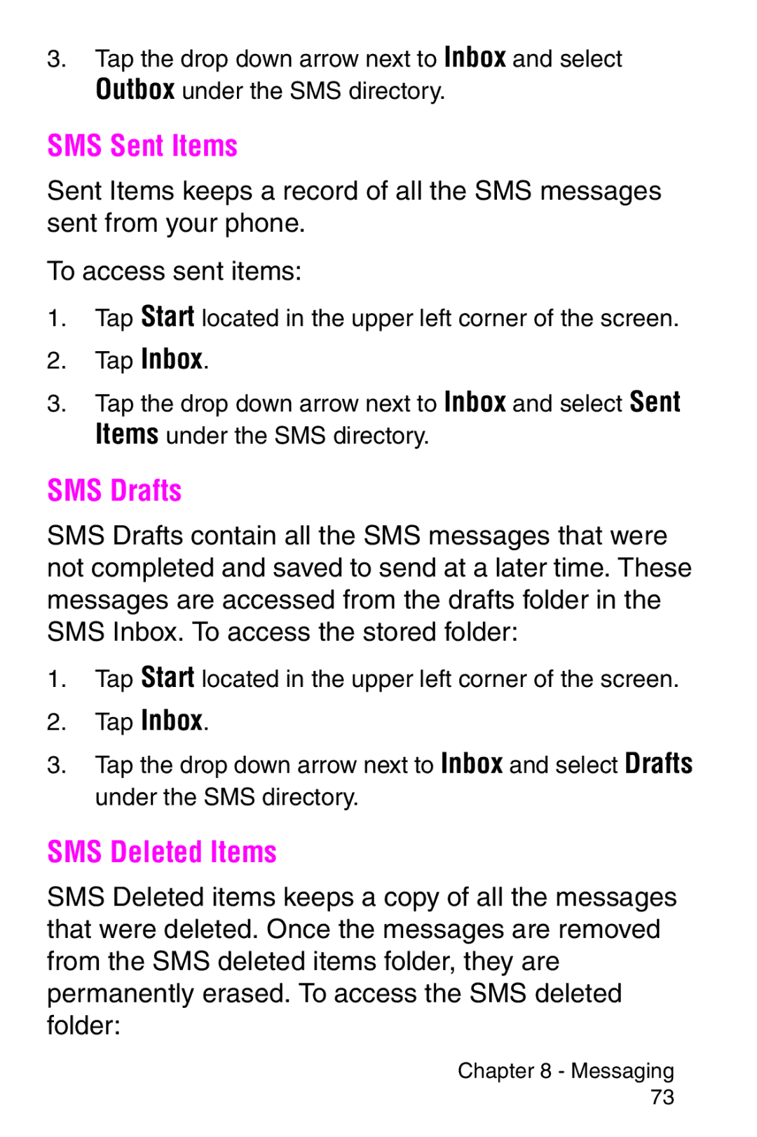 Samsung SCH-i700 Series manual SMS Sent Items, SMS Drafts, SMS Deleted Items 