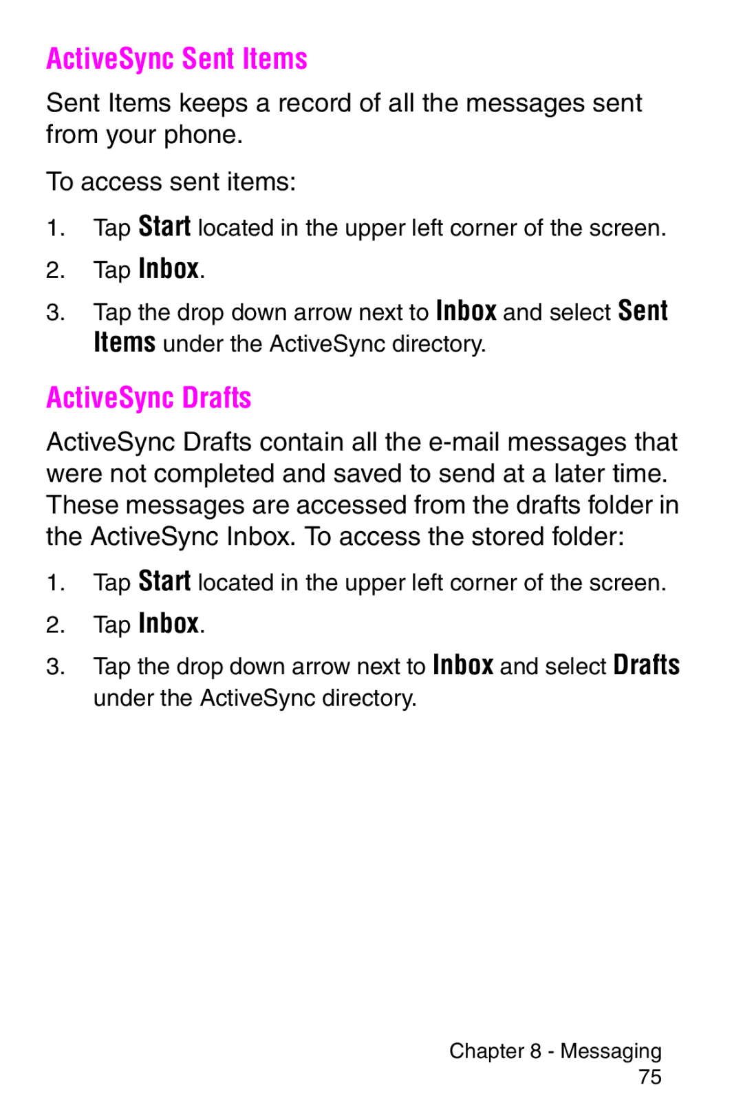 Samsung SCH-i700 Series manual ActiveSync Sent Items, ActiveSync Drafts 