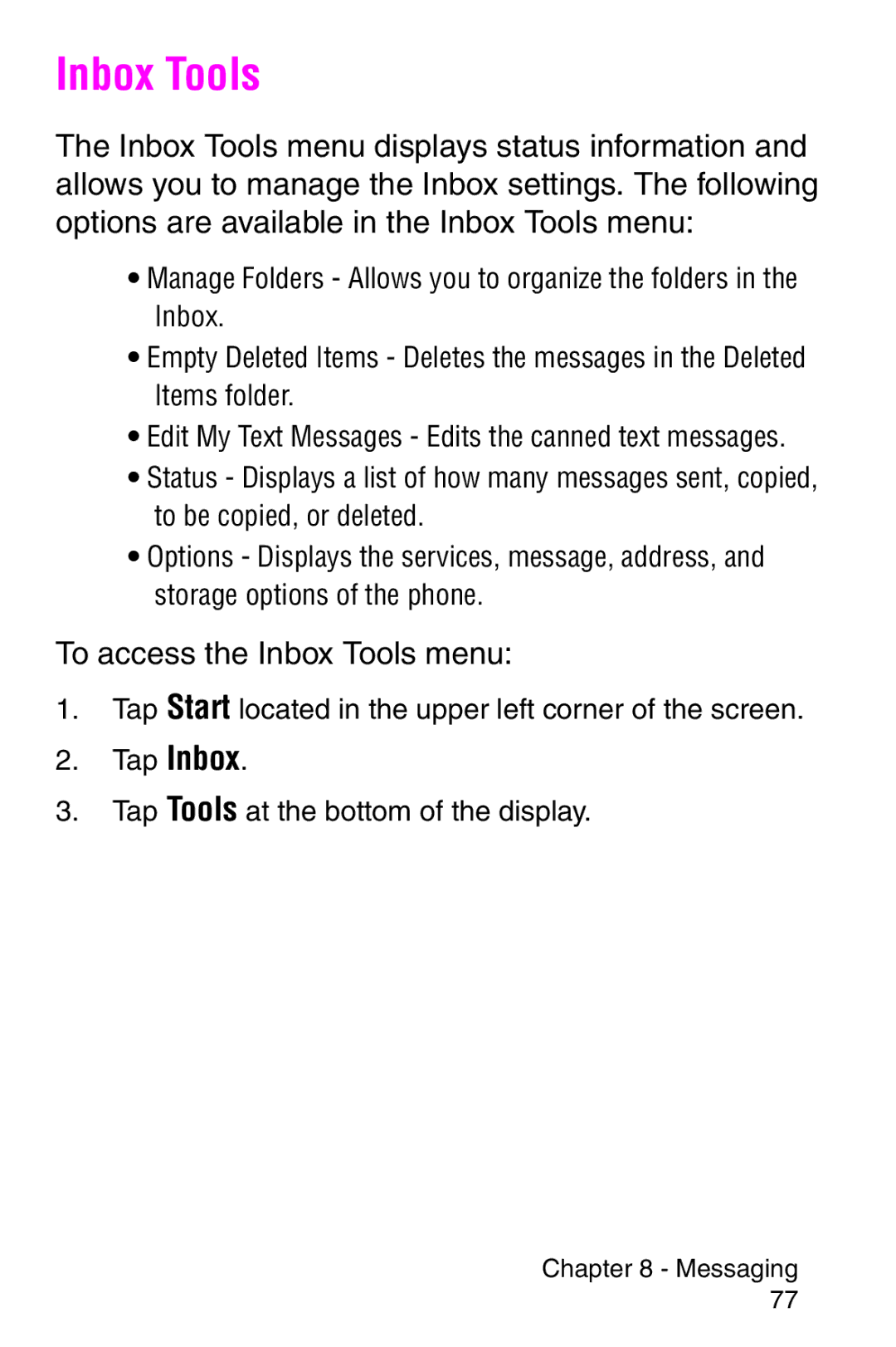 Samsung SCH-i700 Series manual To access the Inbox Tools menu 