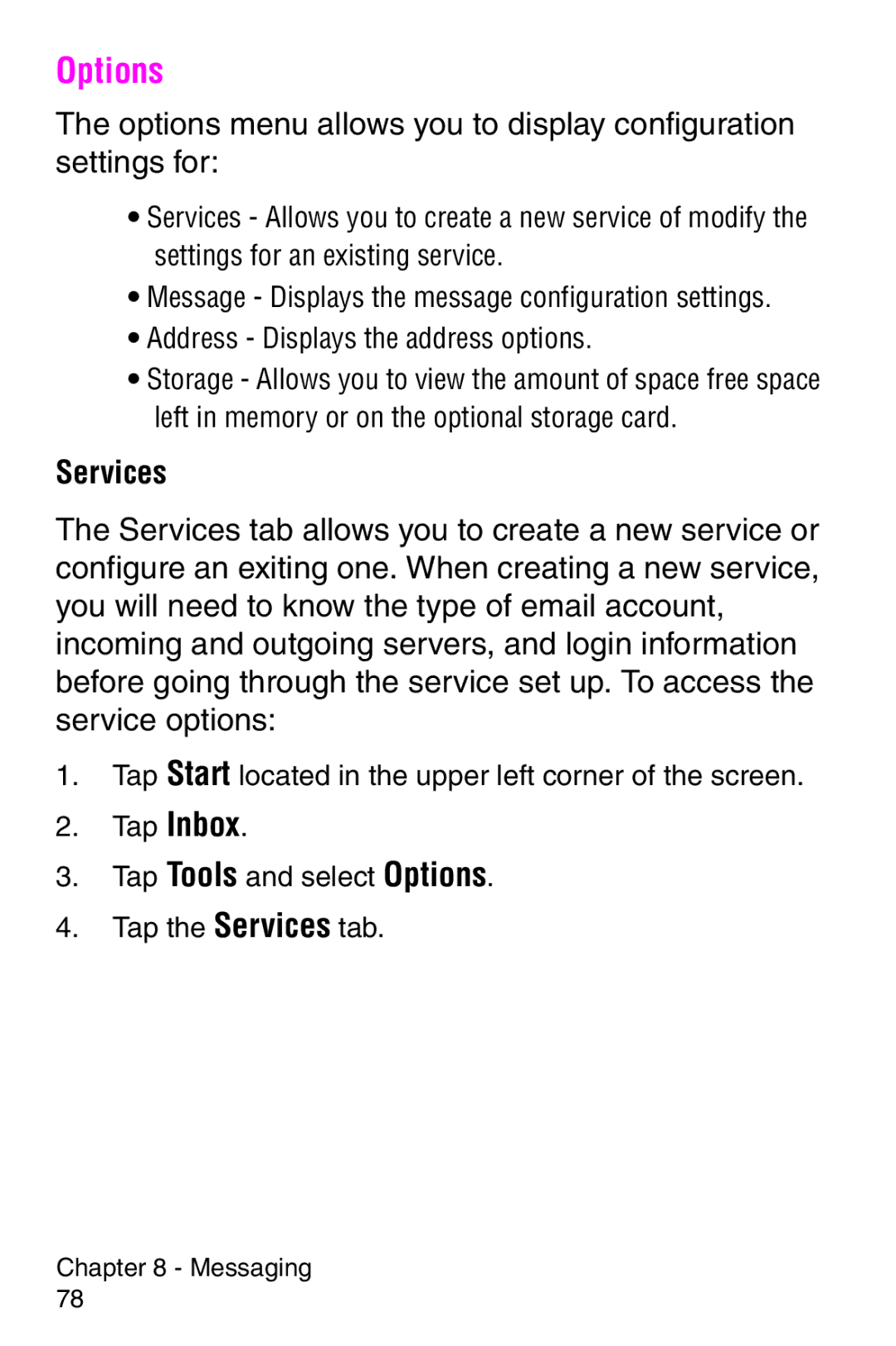 Samsung SCH-i700 Series manual Options, Services 