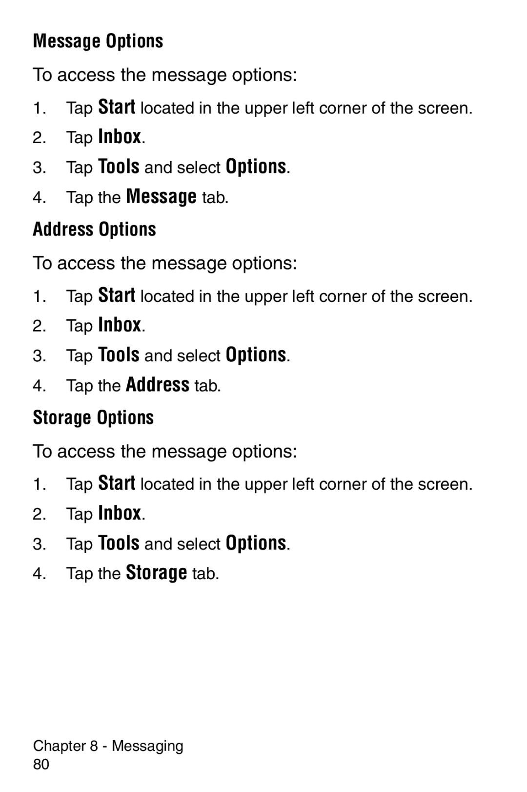 Samsung SCH-i700 Series manual Message Options, To access the message options, Address Options, Storage Options 