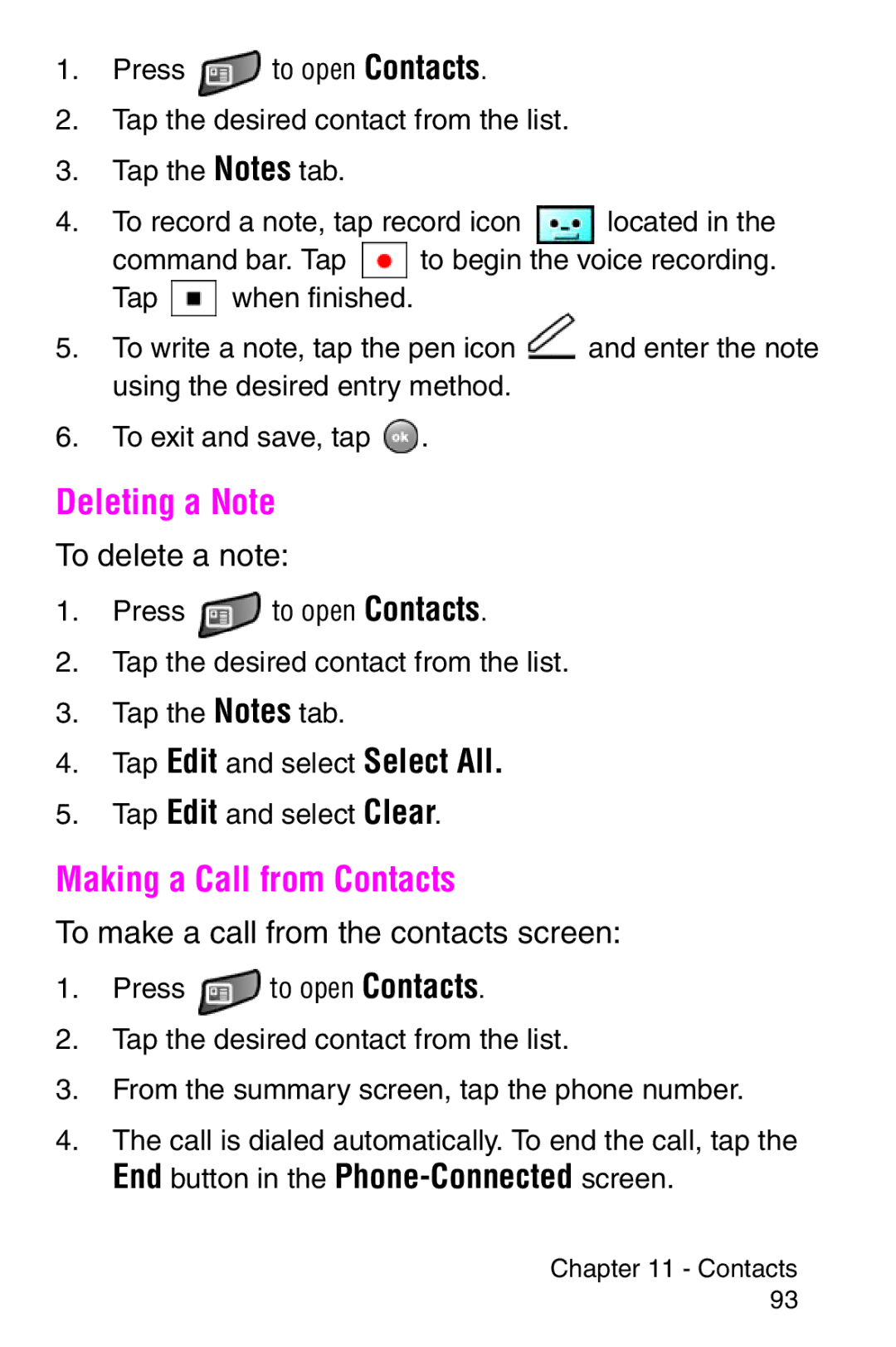 Samsung SCH-i700 Series Deleting a Note, Making a Call from Contacts, Tap Edit and select Select All, To delete a note 