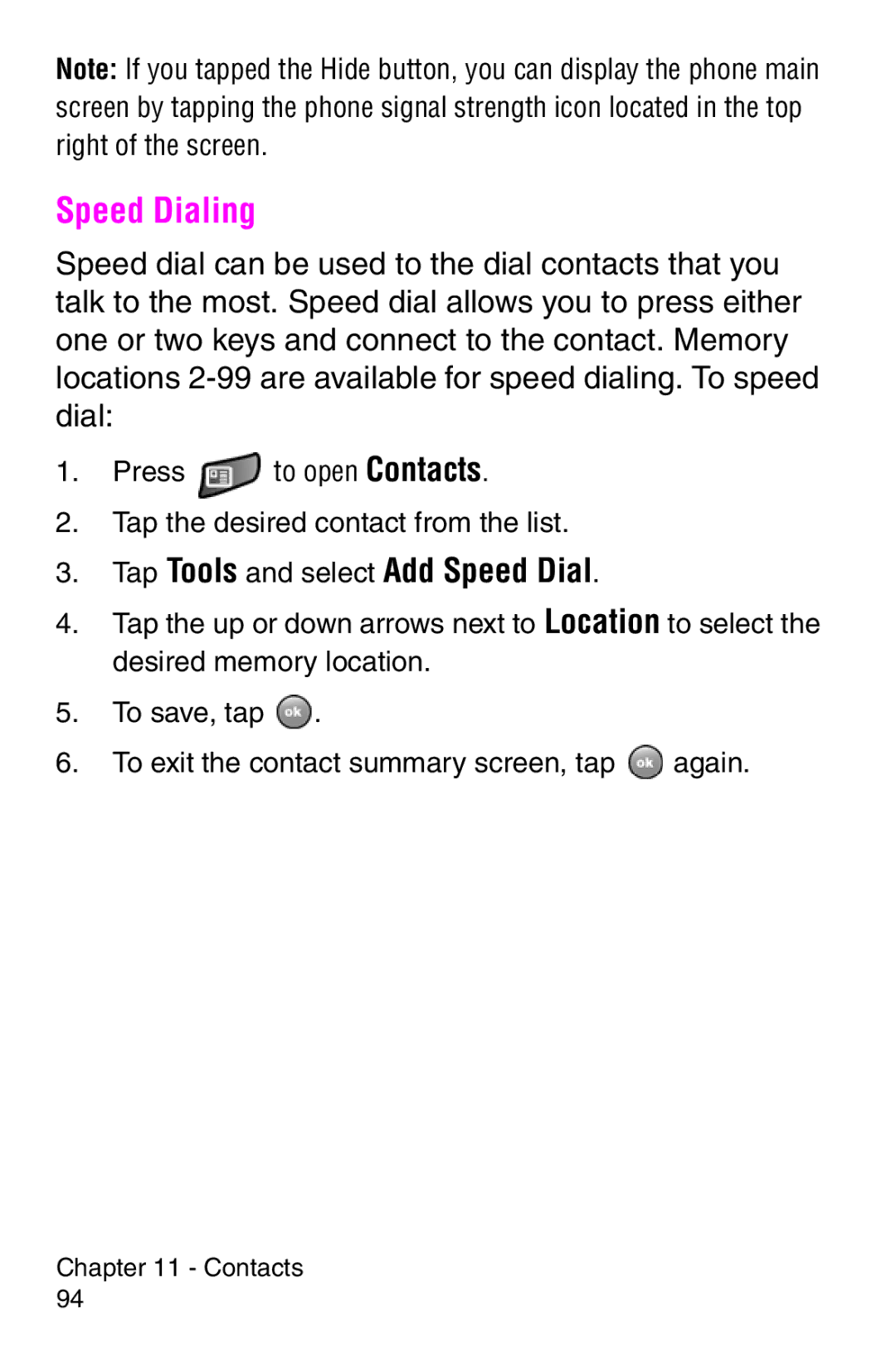 Samsung SCH-i700 Series manual Speed Dialing, Tap Tools and select Add Speed Dial 