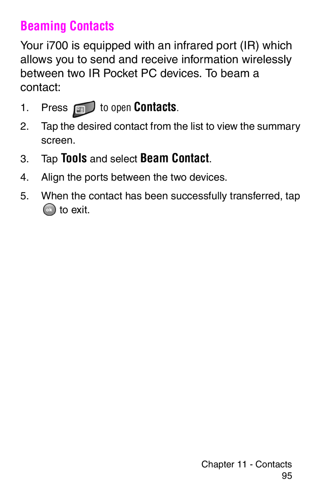 Samsung SCH-i700 Series manual Beaming Contacts, Tap Tools and select Beam Contact 