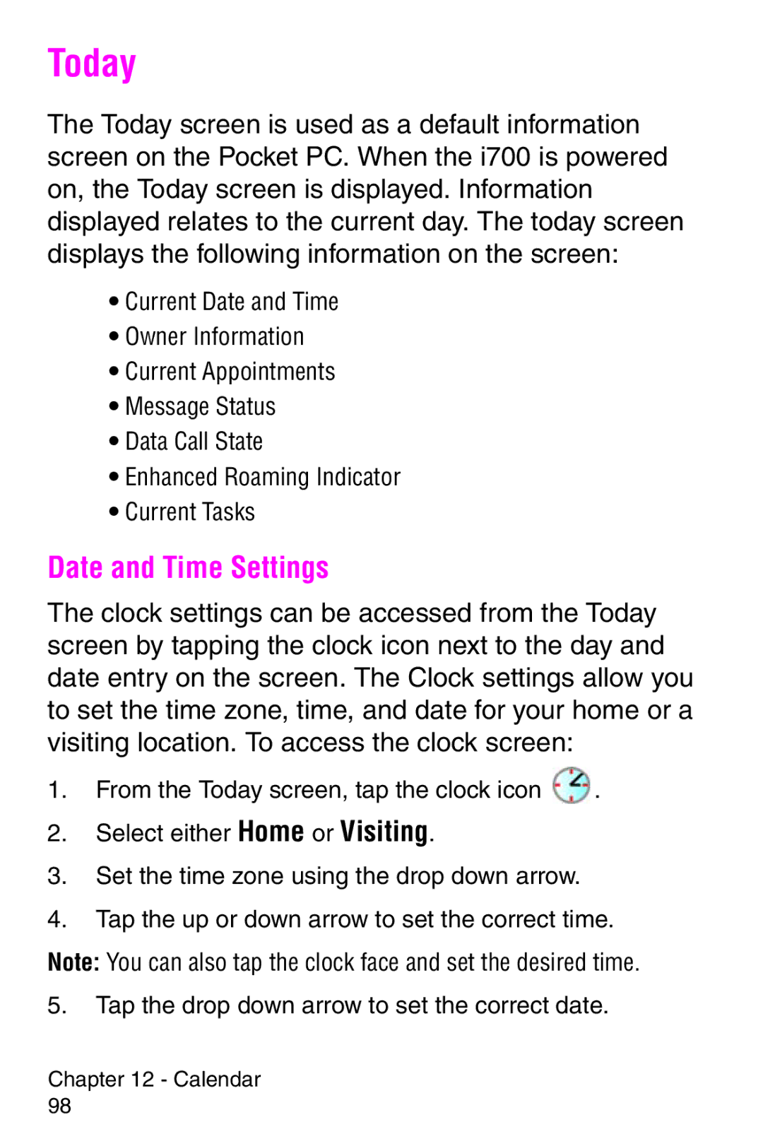 Samsung SCH-i700 Series manual Today, Date and Time Settings 