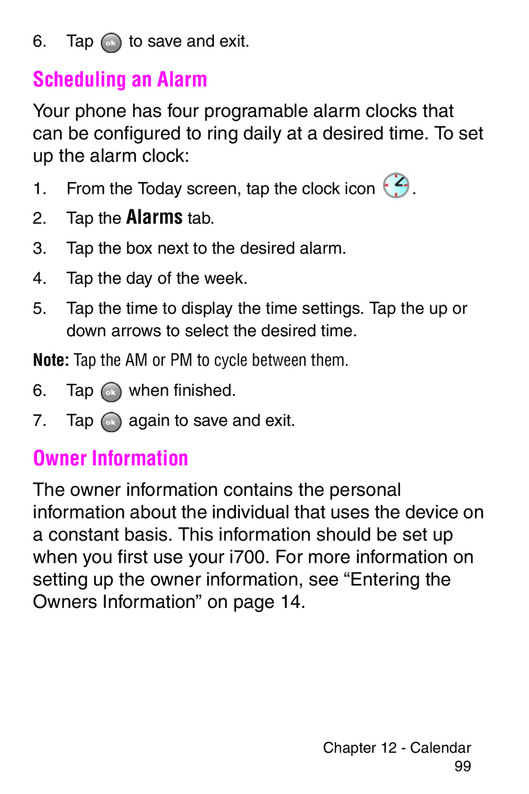 Samsung SCH-i700 Series manual Scheduling an Alarm, Owner Information 