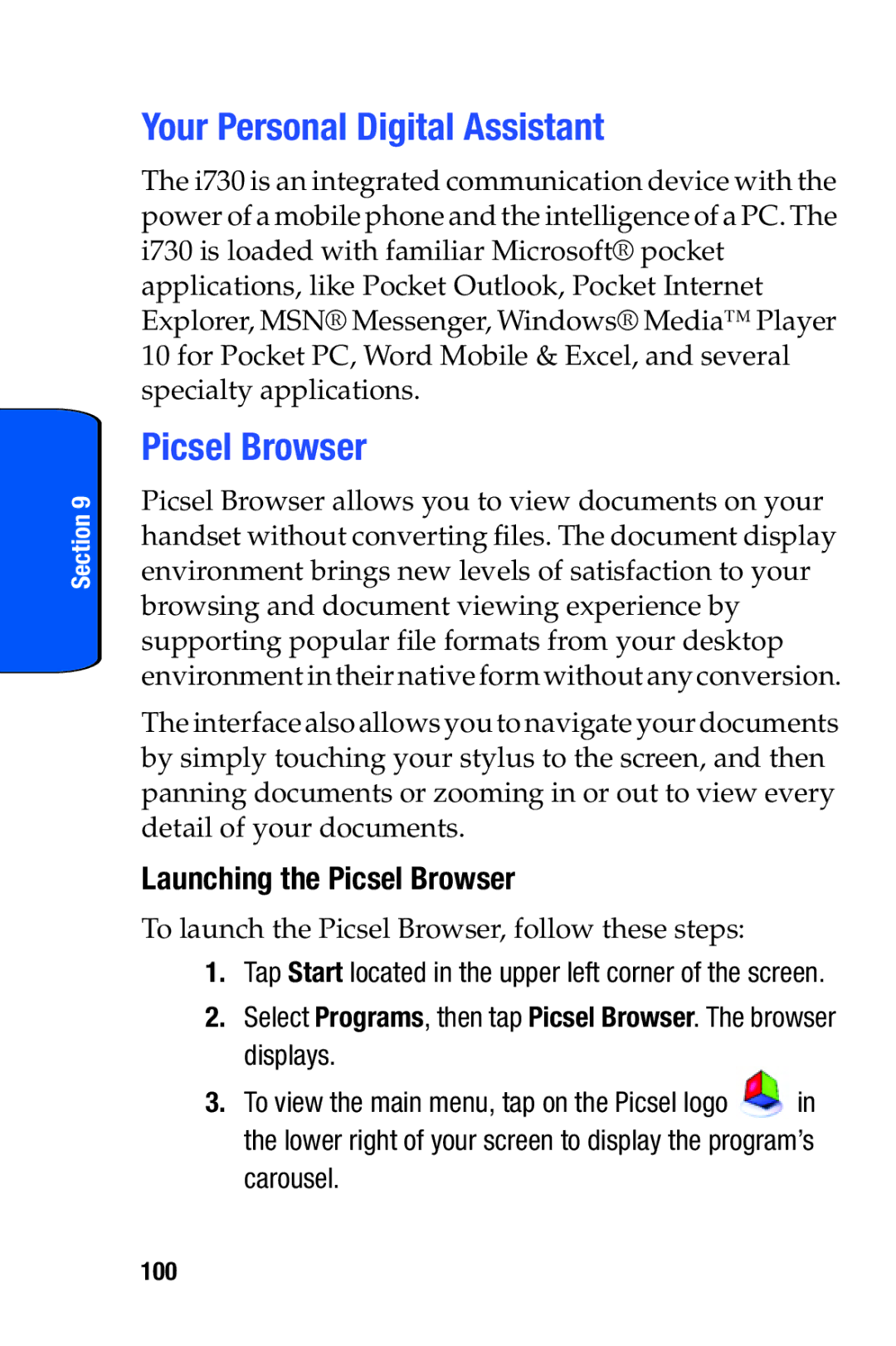 Samsung SCH-i730 manual Your Personal Digital Assistant, Launching the Picsel Browser, Carousel, 100 