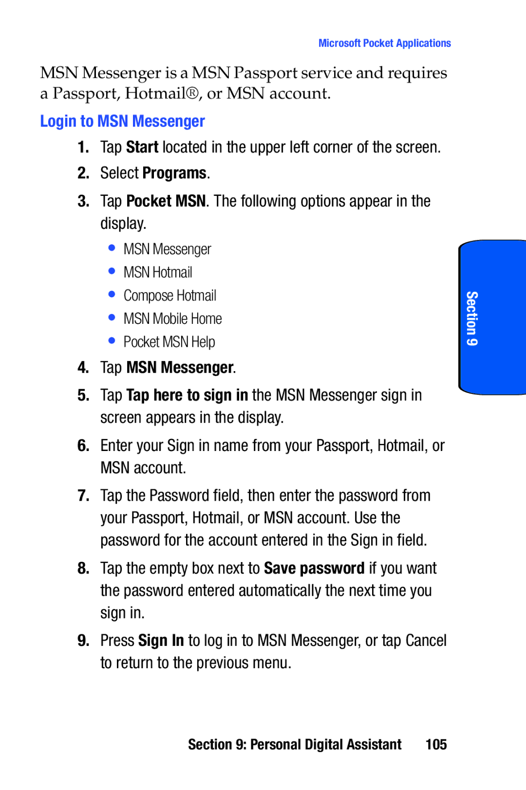 Samsung SCH-i730 manual Login to MSN Messenger, Tap MSN Messenger, 105 